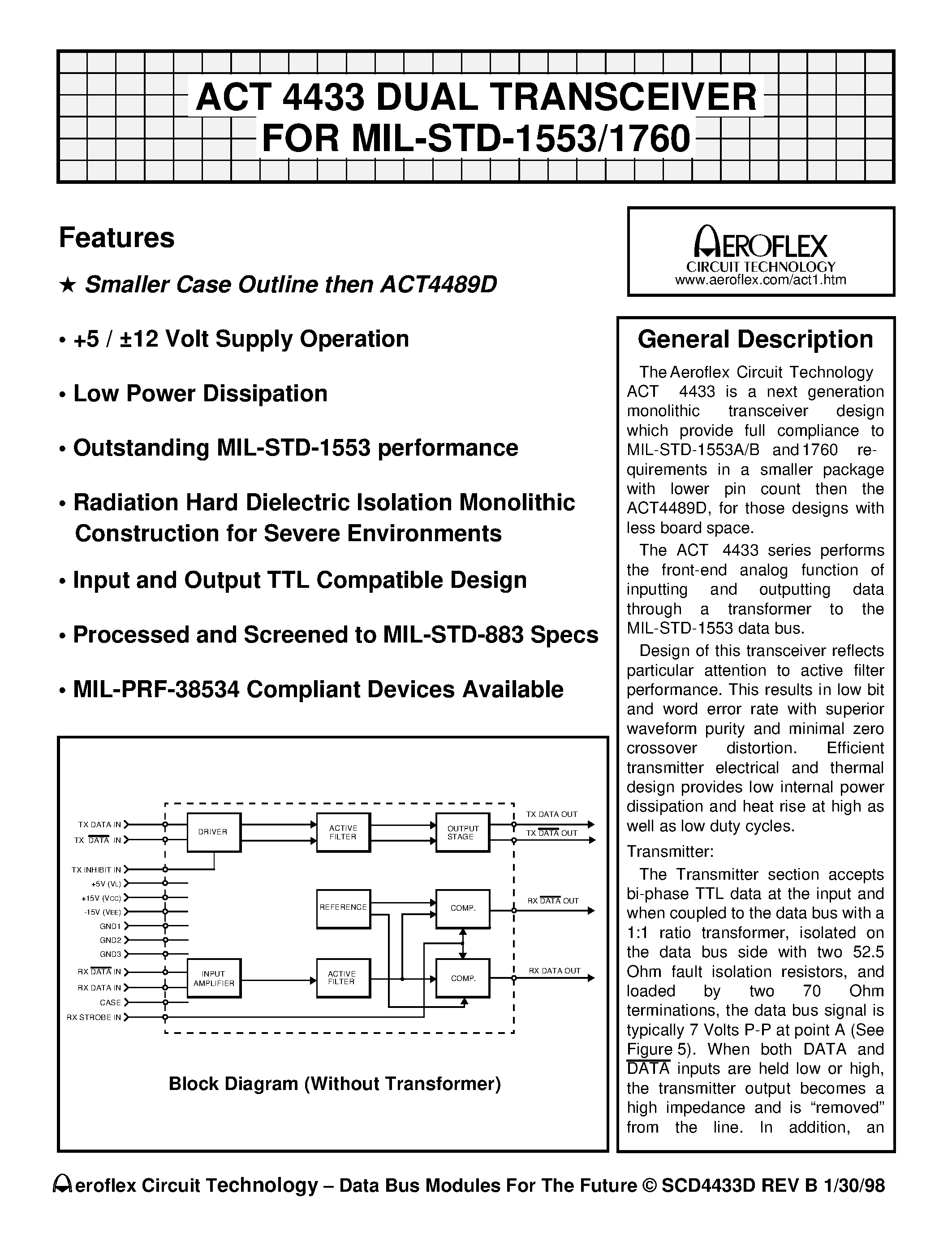 Datasheet ACT4433-DF page 1 Datasheet ACT4433-DF - ACT 4433 DUAL TRANSCEIVER FOR MIL-STD-1553/1760 page 1