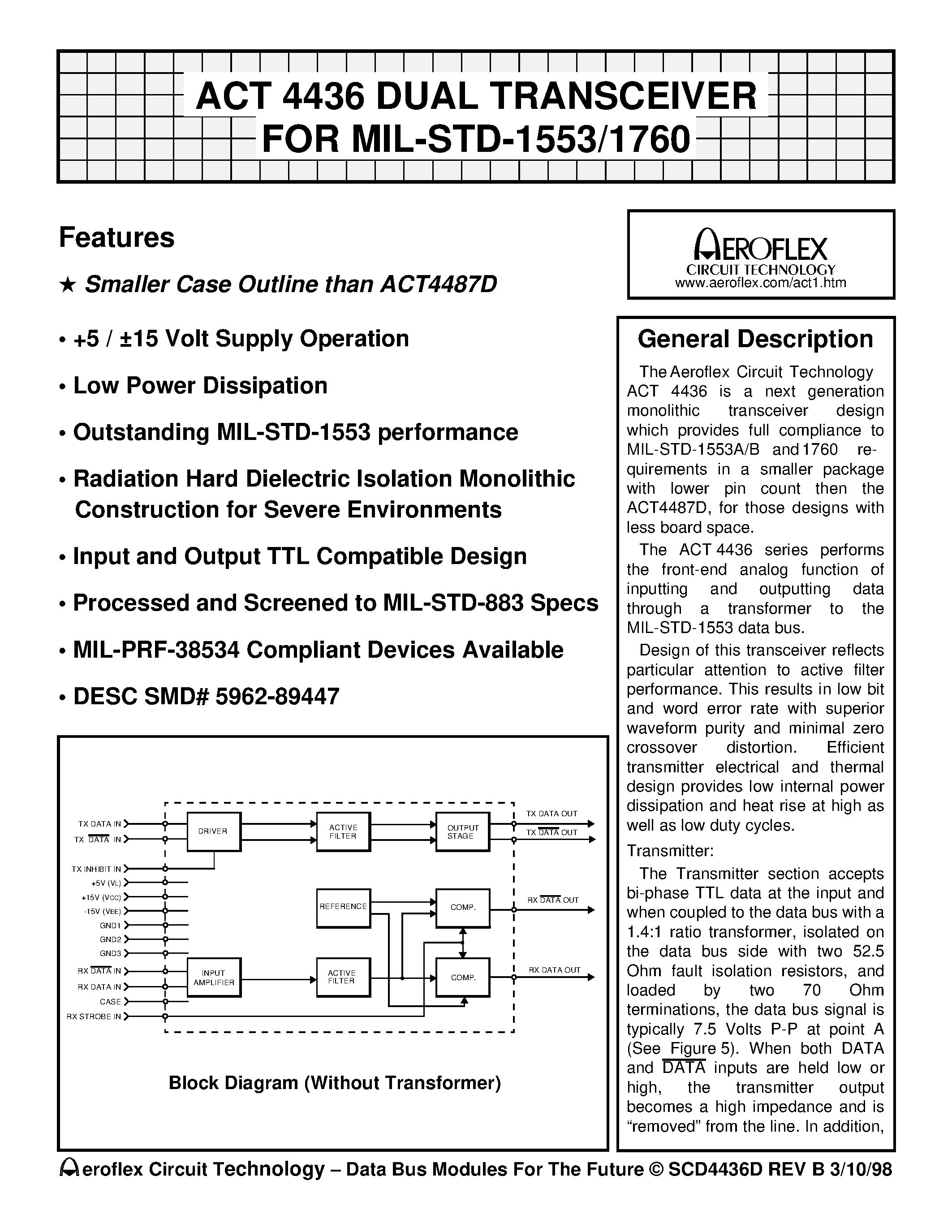 Datasheet ACT4436 page 1 Datasheet ACT4436 - ACT 4436 DUAL TRANSCEIVER FOR MIL-STD-1553/1760 page 1
