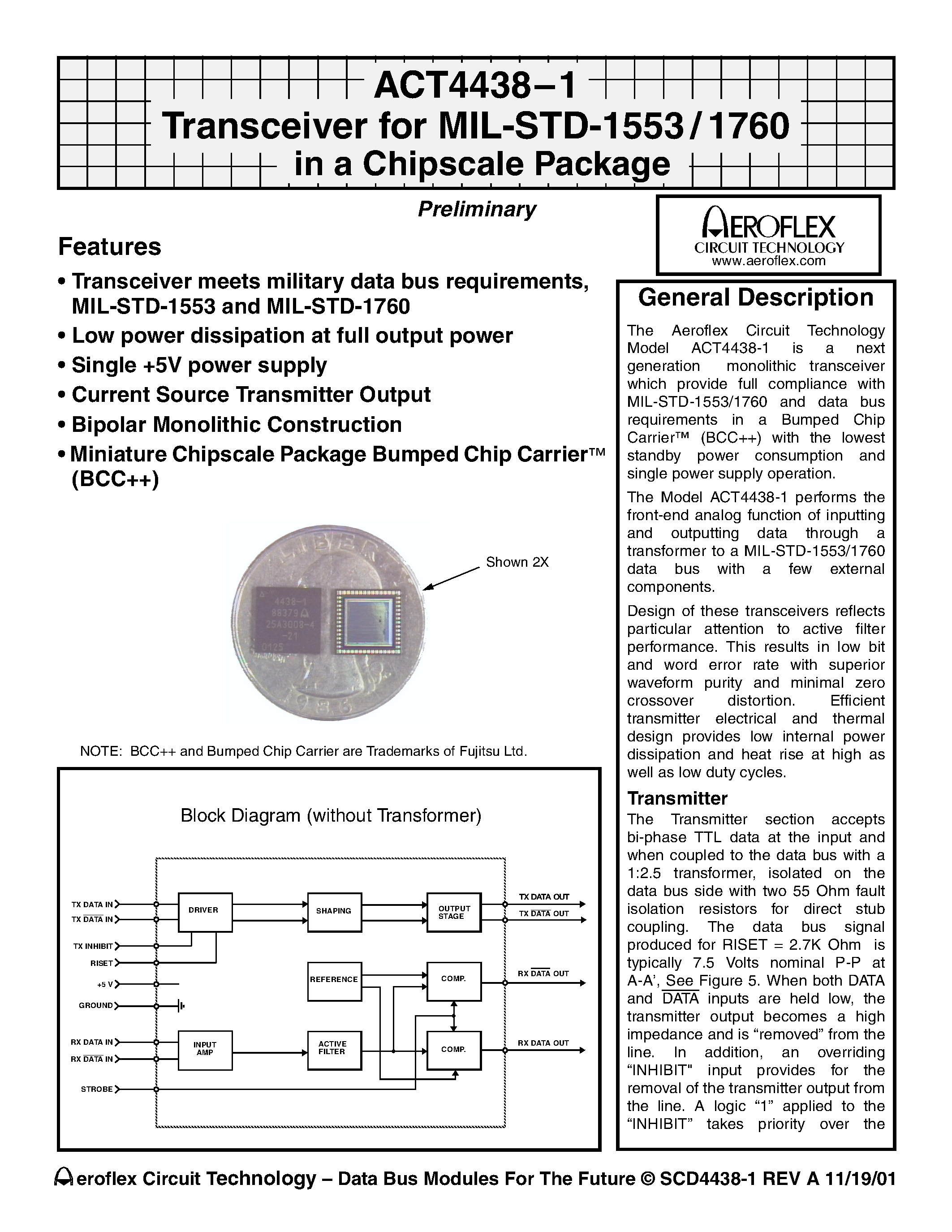 Datasheet ACT4438 - ACT4438-1 Transceiver for MIL-STD-1553 / 1760 in a Chipscale Package page 1