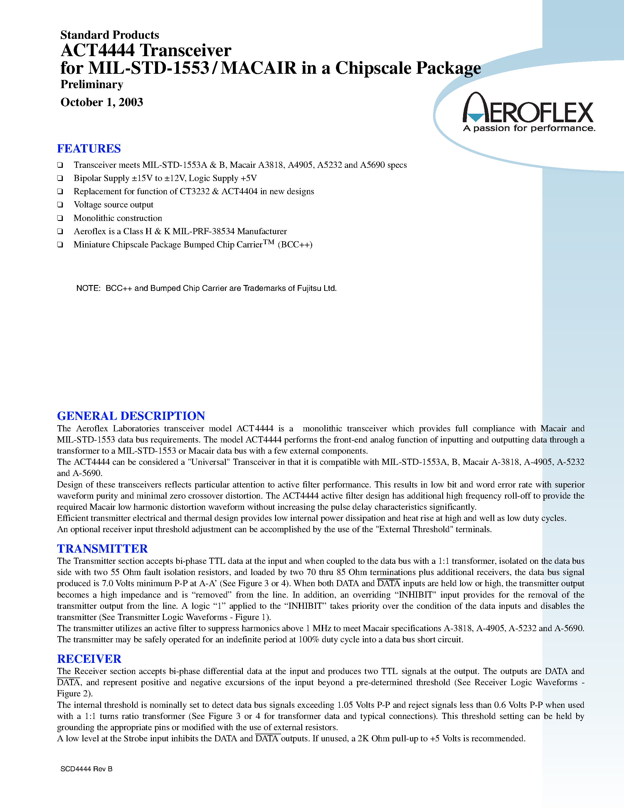 Datasheet ACT4444 page 1 Datasheet ACT4444 - Transceiver for MIL-STD-1553 /MACAIR in a Chipscale Package page 1