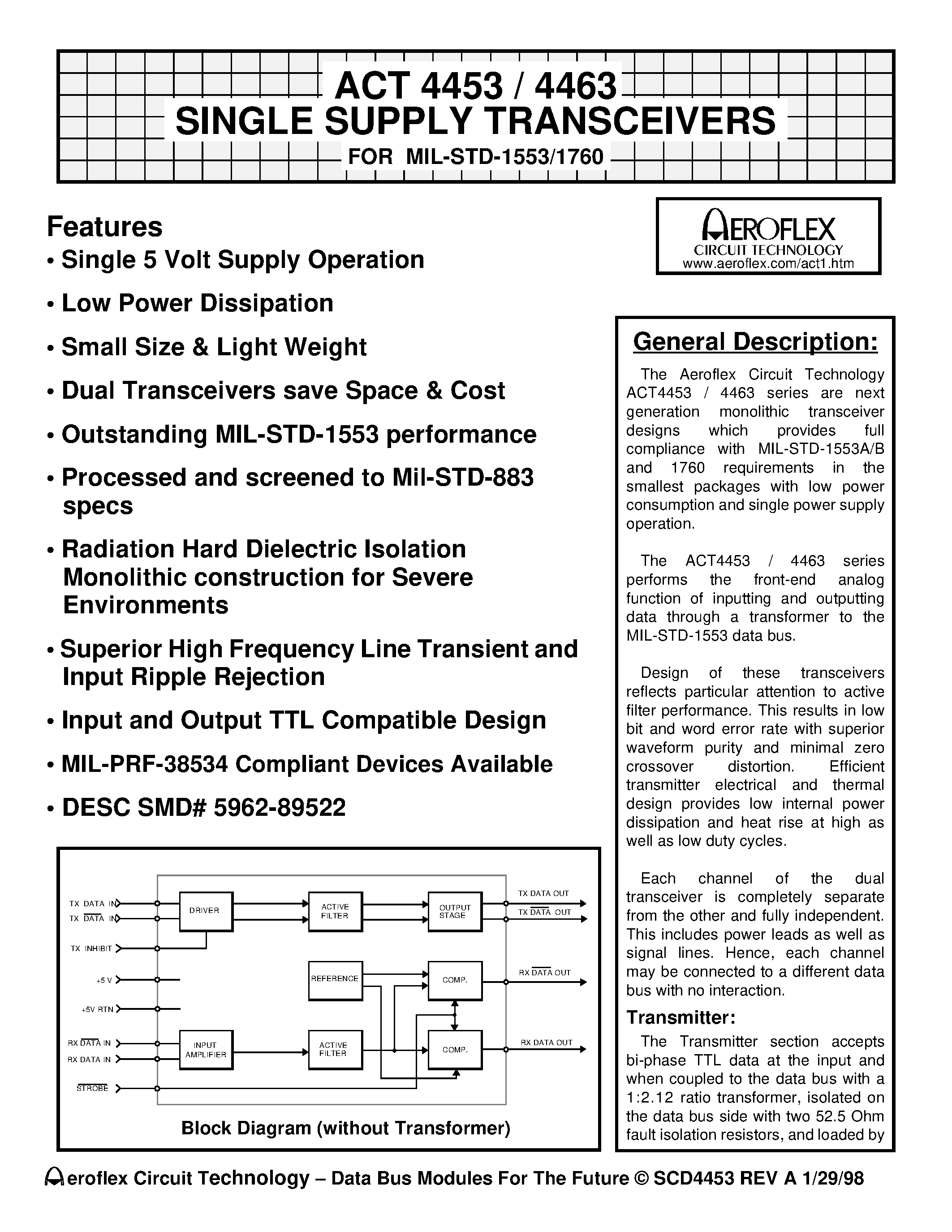 Datasheet ACT4453 page 1 Datasheet ACT4453 - ACT 4453 / 4463 SINGLE SUPPLY TRANSCEIVERS FOR MIL-STD-1553/1760 page 1