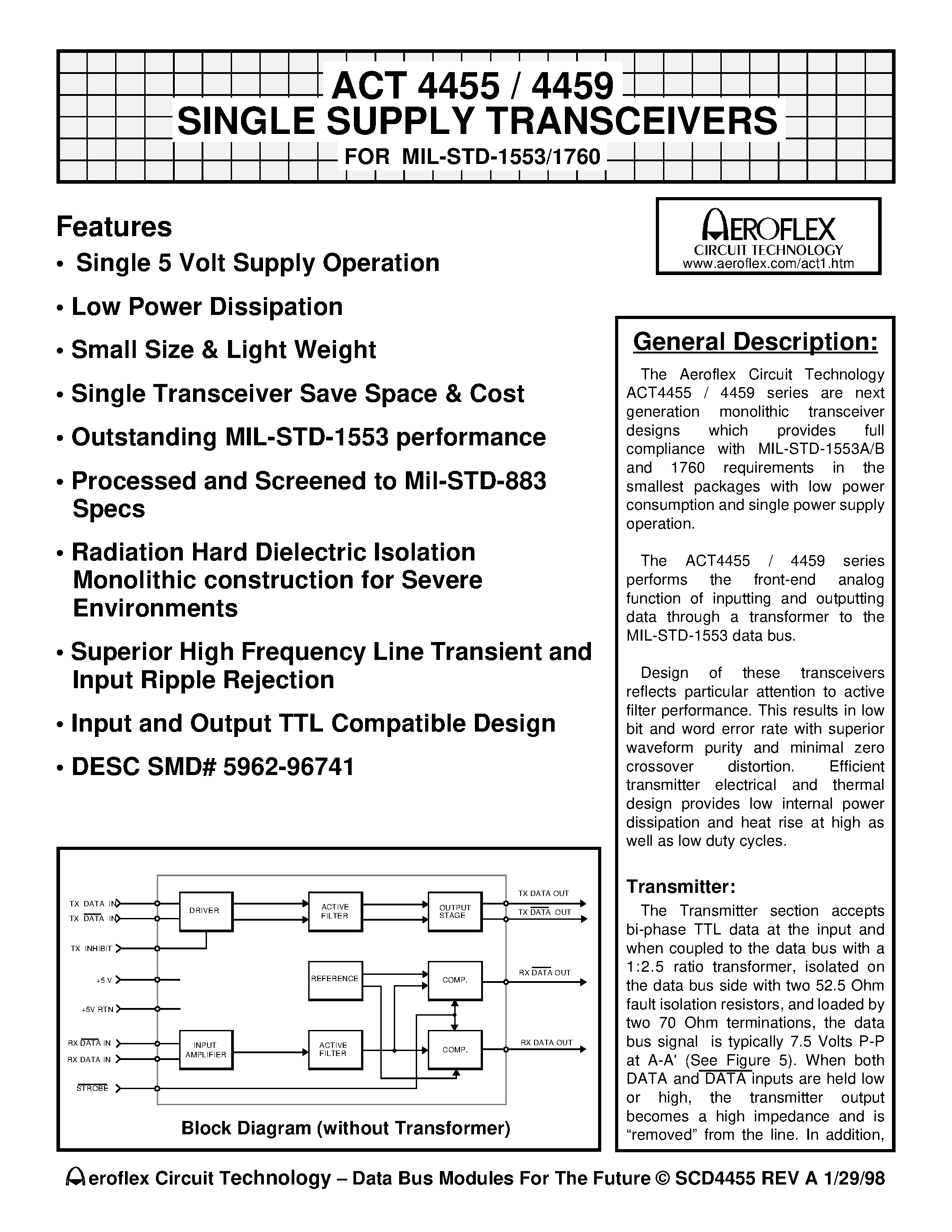 Datasheet ACT4455 page 1 Datasheet ACT4455 - ACT 4455 / 4459 SINGLE SUPPLY TRANSCEIVERS FOR MIL-STD-1553/1760 page 1