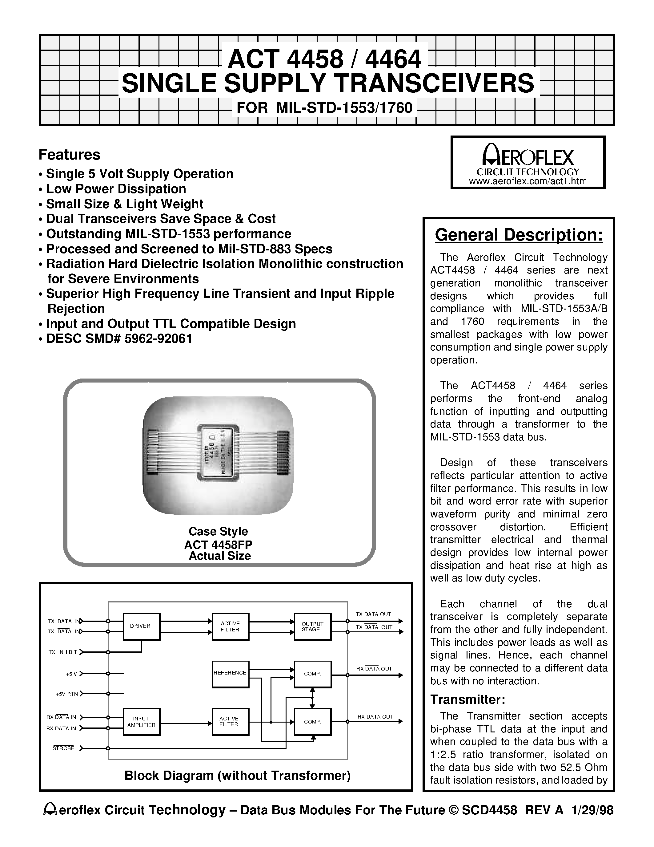 Datasheet ACT4458 - ACT 4458 / 4464 SINGLE SUPPLY TRANSCEIVERS FOR MIL-STD-1553/1760 page 1