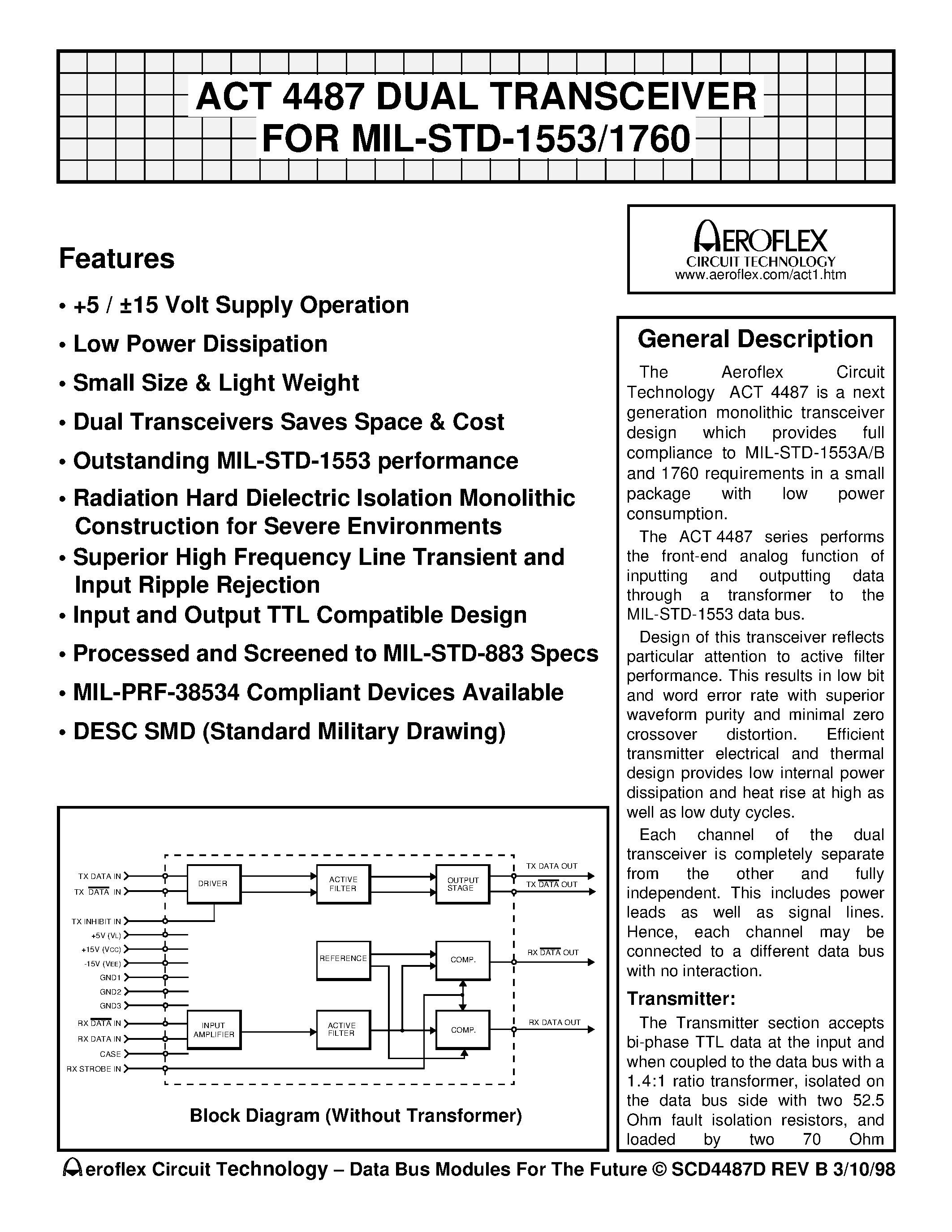 Datasheet ACT4487-D page 1 Datasheet ACT4487-D - ACT 4487 DUAL TRANSCEIVER FOR MIL-STD-1553/1760 page 1