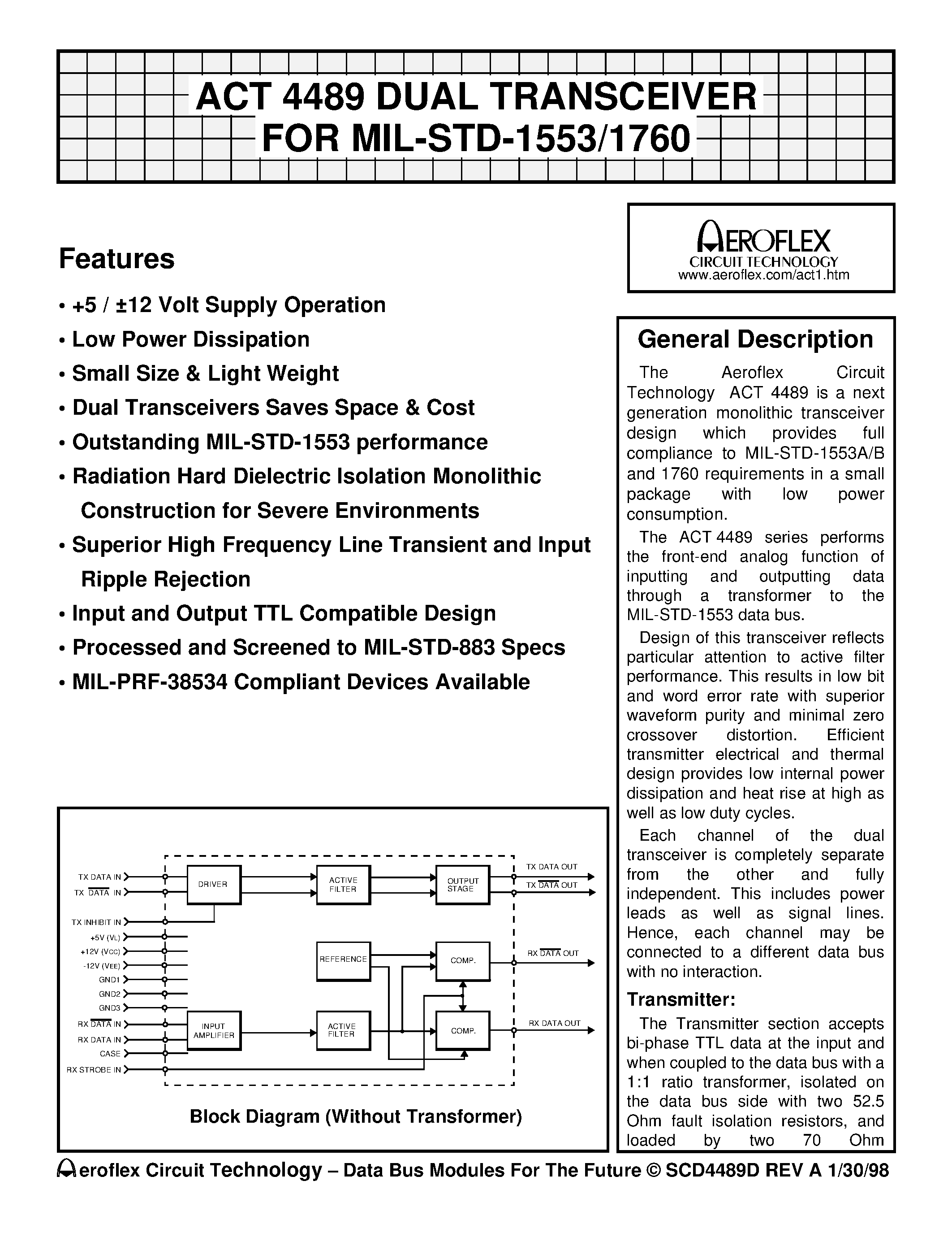 Datasheet ACT4489-DFI - ACT 4489 DUAL TRANSCEIVER FOR MIL-STD-1553/1760 page 1