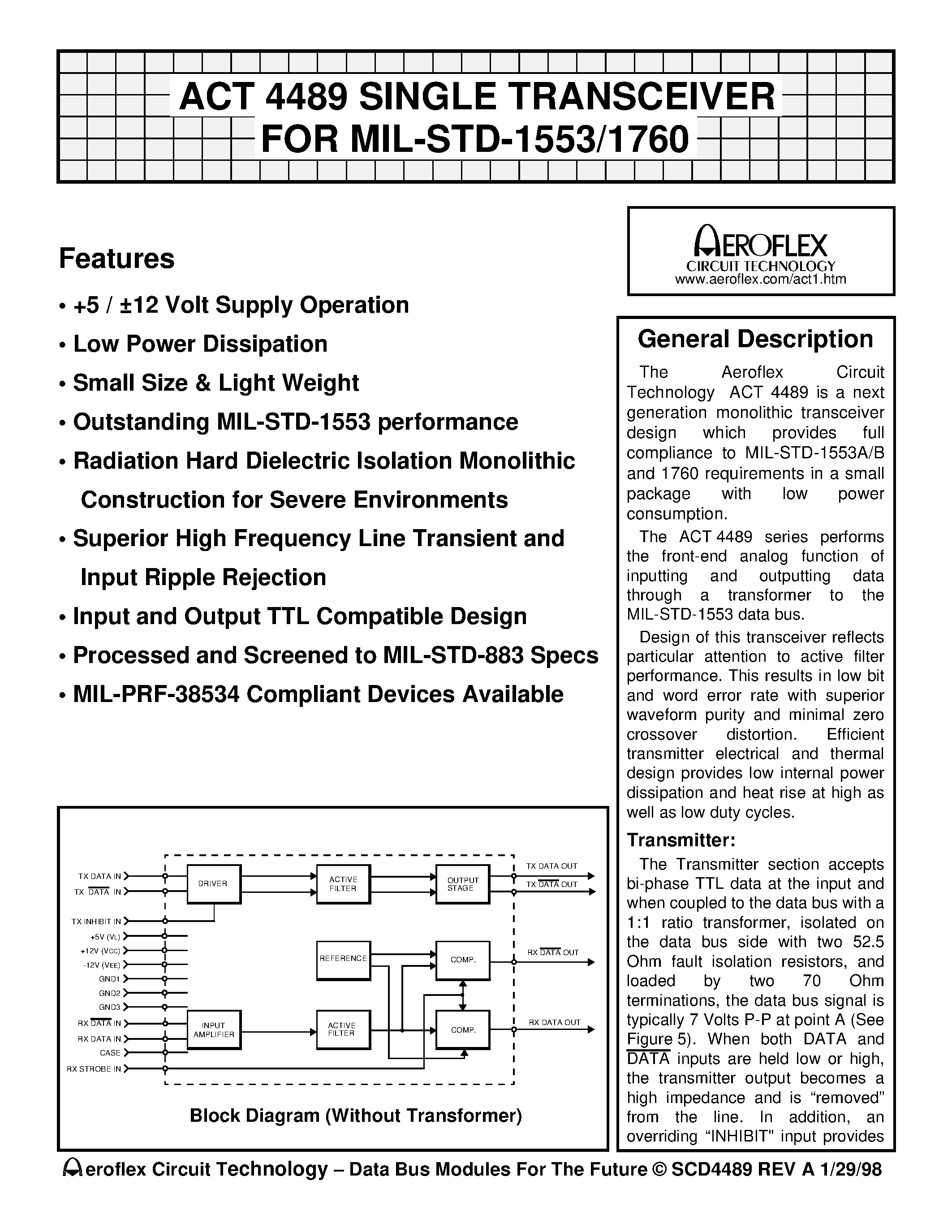 Datasheet ACT4489-FI - ACT 4489 SINGLE TRANSCEIVER FOR MIL-STD-1553/1760 page 1
