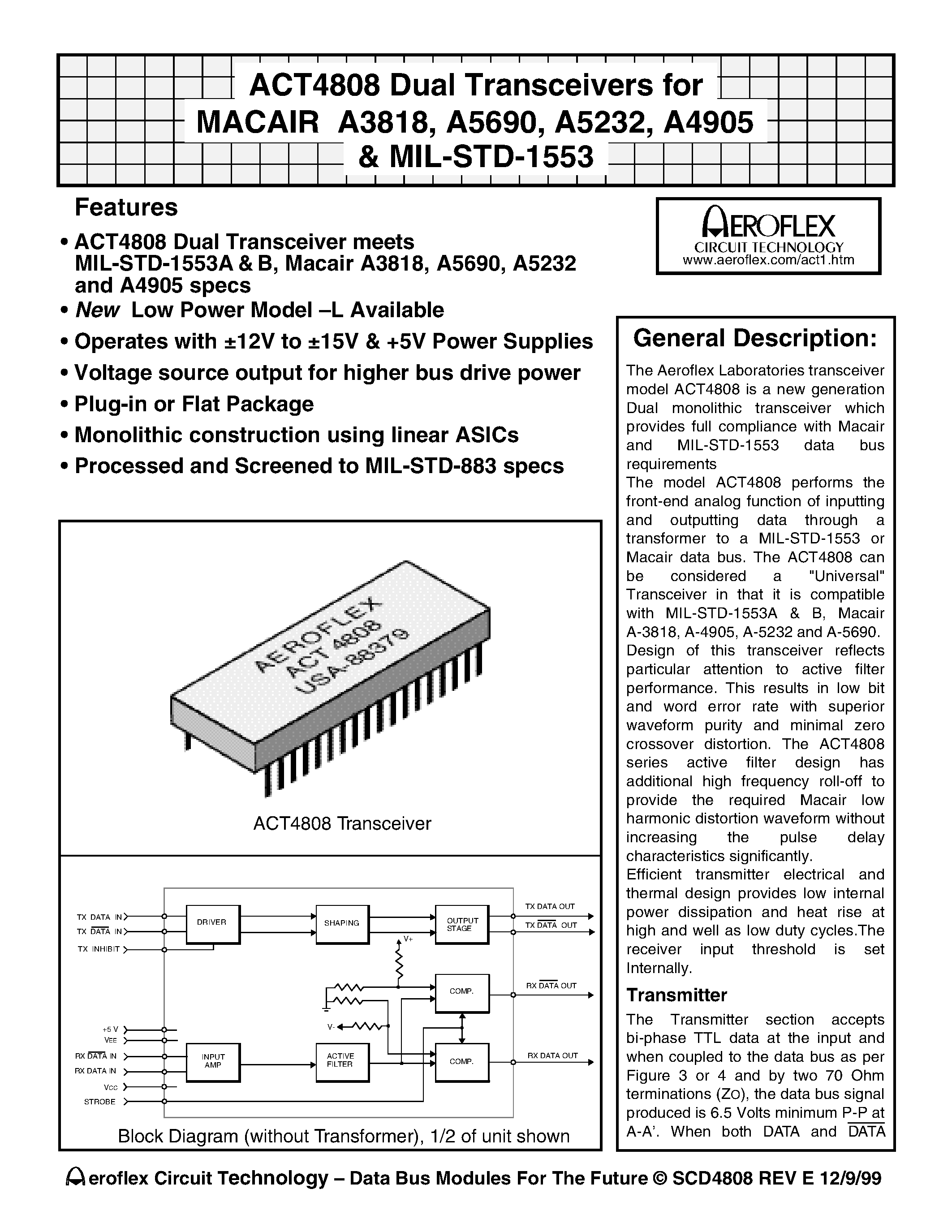 Datasheet ACT4808D - ACT4808 DUAL TRANSCEIVERS FOR MACAIR A3818/ A5690/ A5232/ A4905 & MIL-STD-1553 page 1