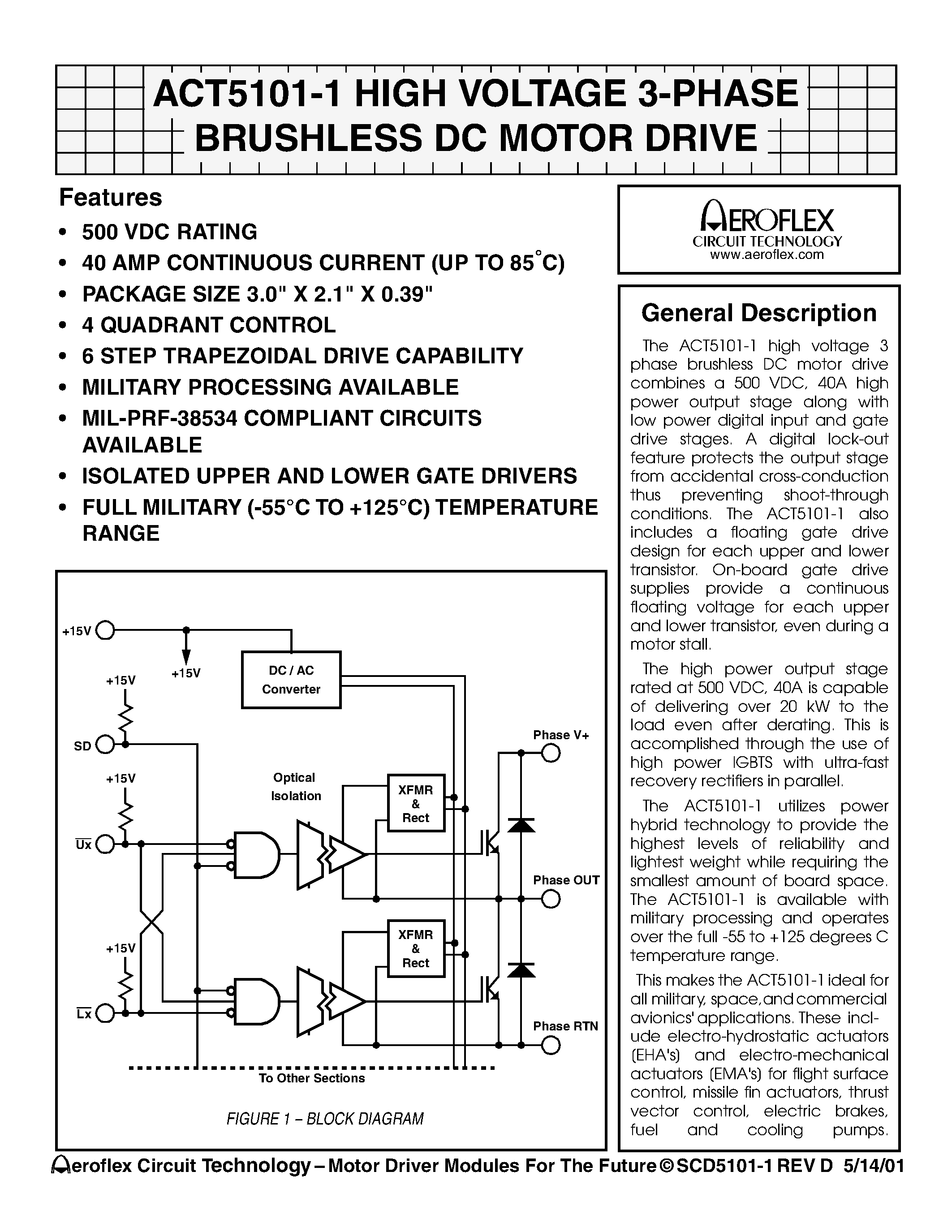 Даташит на микросхему ACT5101-1 страница 1 Даташит ACT5101-1 - ACT5101-1 HIGH VOLTAGE 3-PHASE BRUSHLESS DC MOTOR DRIVE страница 1