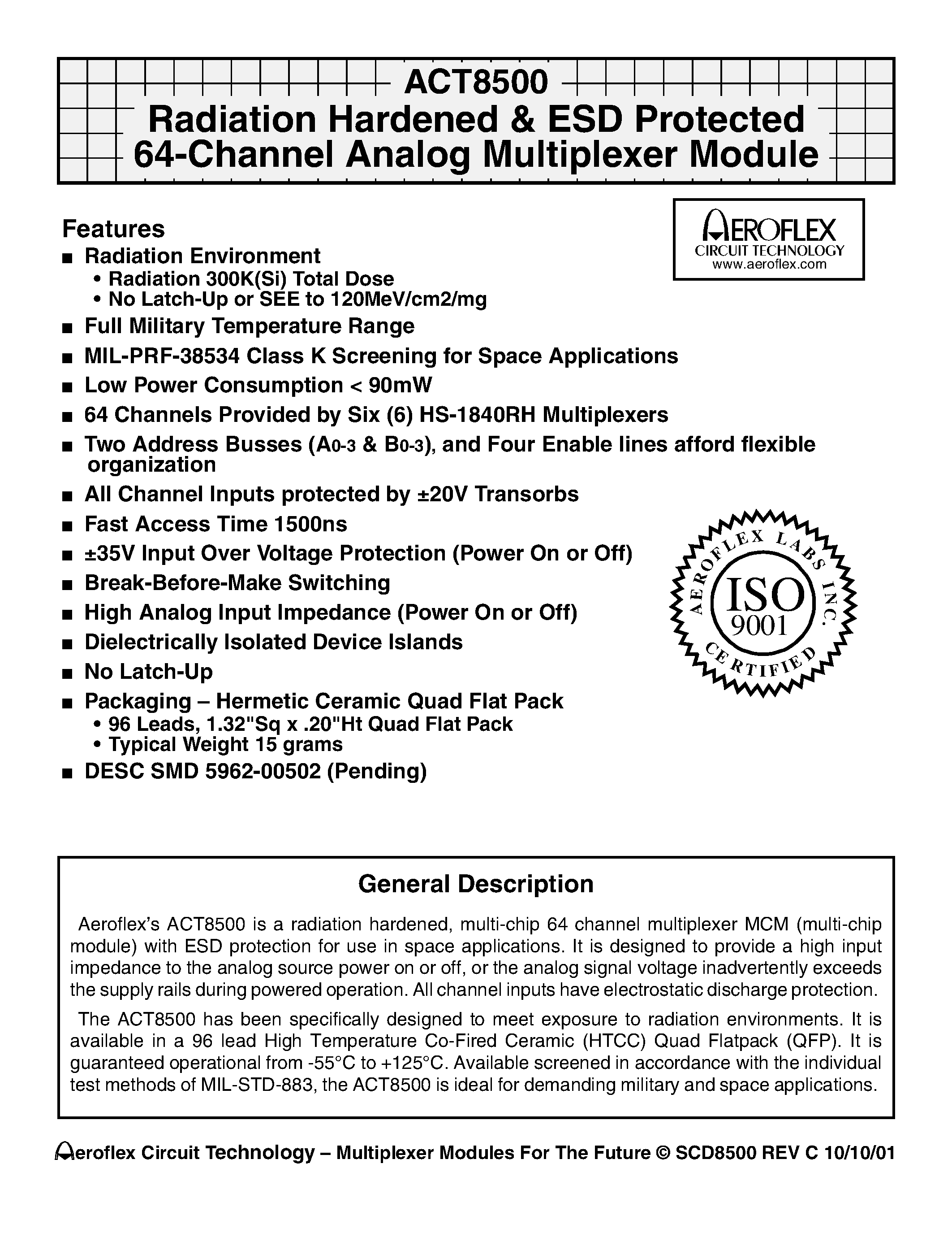 Даташит ACT8500-T - ACT8500 Radiation Hardened & ESD Protected 64-Channel Analog Multiplexer Module страница 1