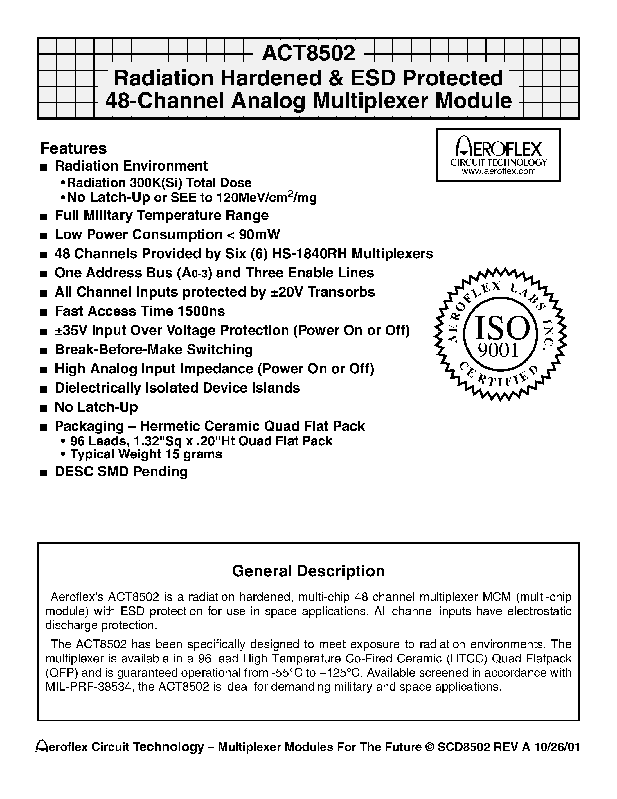 Даташит на микросхему ACT8502-7 страница 1 Даташит ACT8502-7 - ACT8502 Radiation Hardened & ESD Protected 48-Channel Analog Multiplexer Module страница 1