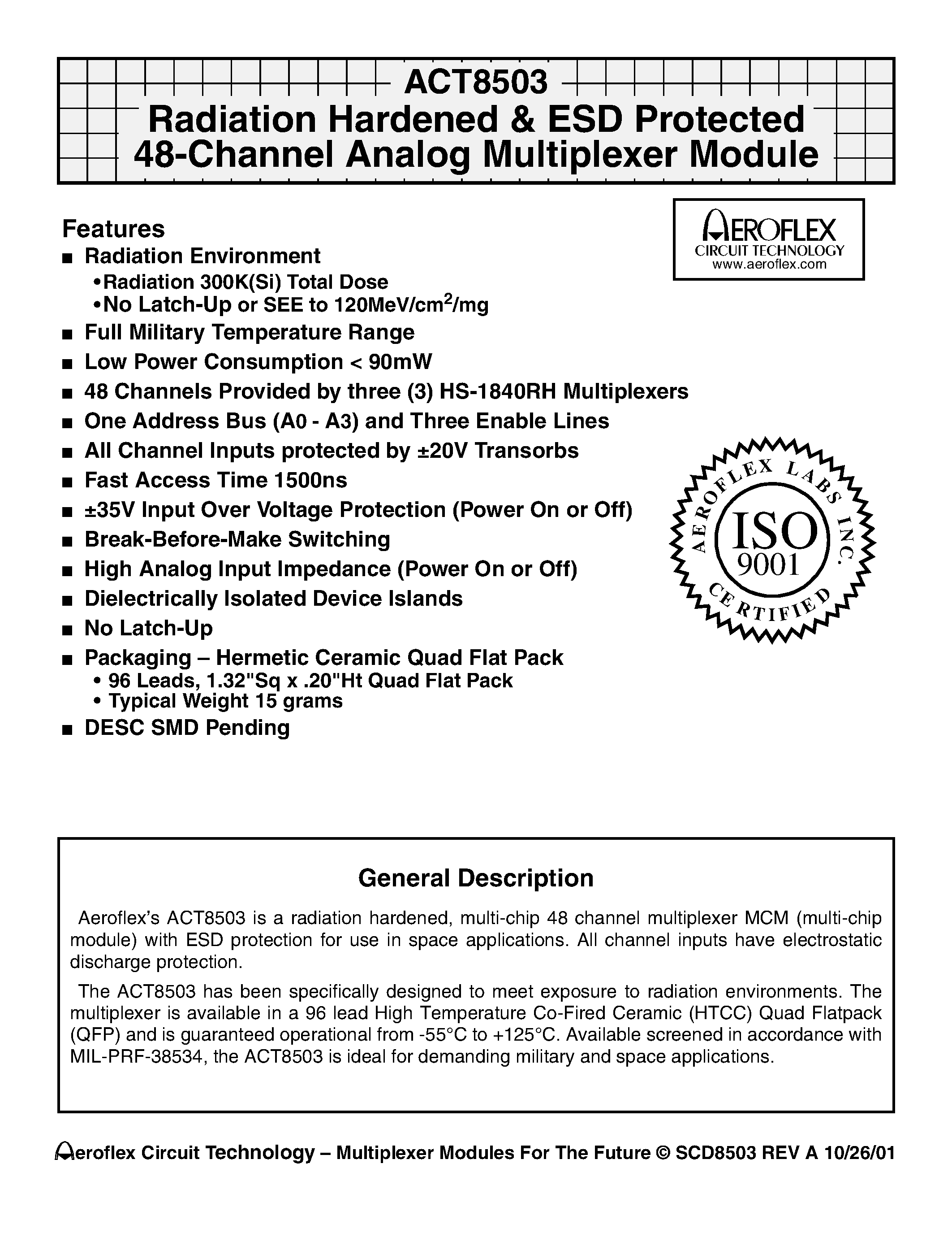 Datasheet ACT8503-I page 1 Datasheet ACT8503-I - ACT8503 Radiation Hardened & ESD Protected 48-Channel Analog Multiplexer Module page 1