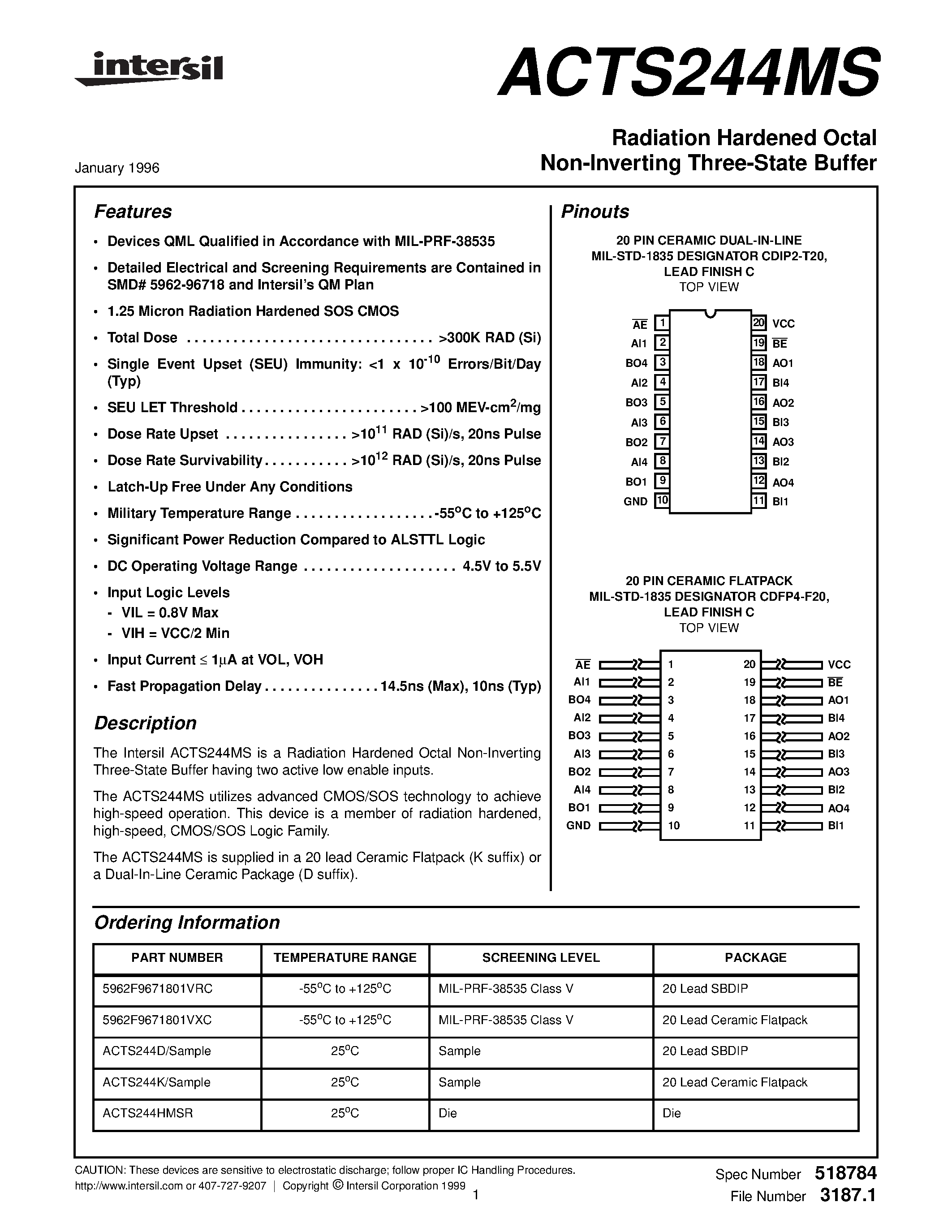 Даташит ACTS244D - Radiation Hardened Octal Non-Inverting Three-State Buffer страница 1