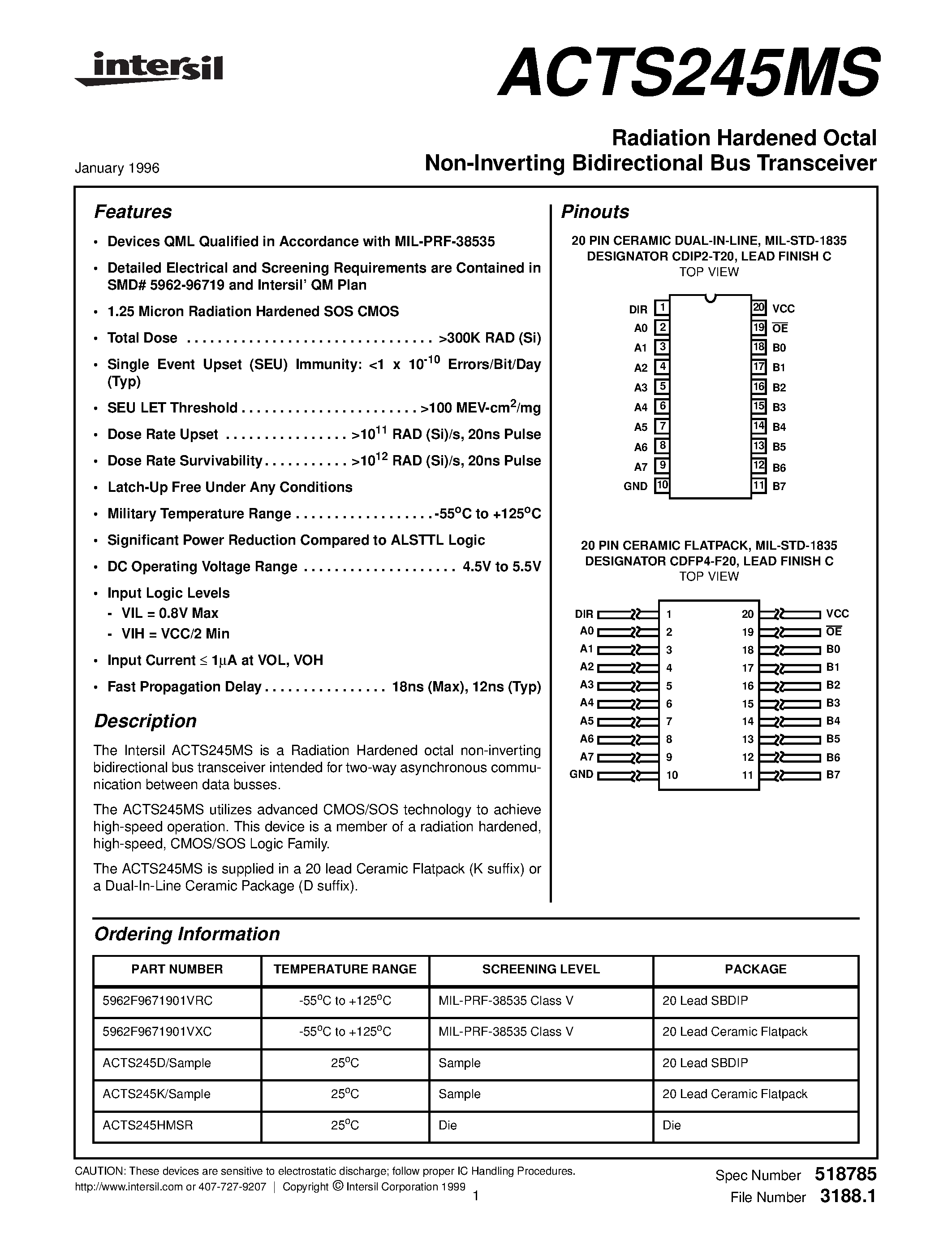 Даташит ACTS245D - Radiation Hardened Octal Non-Inverting Bidirectional Bus Transceiver страница 1