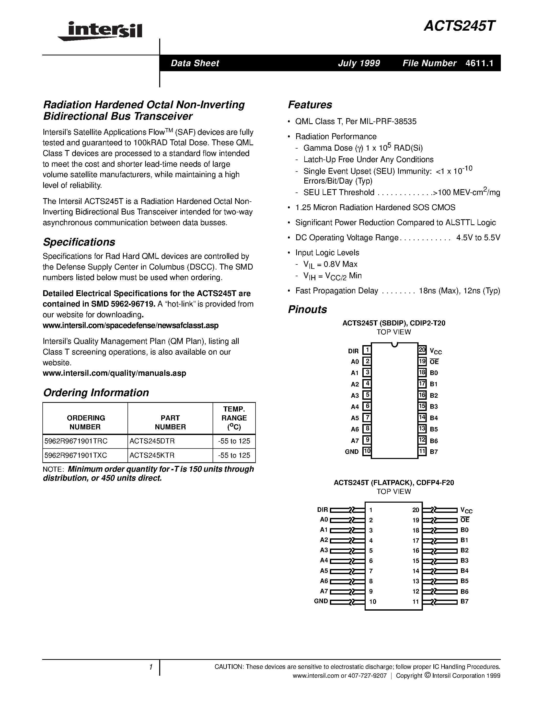 Даташит ACTS245T - Radiation Hardened Octal Non-Inverting Bidirectional Bus Transceiver страница 1