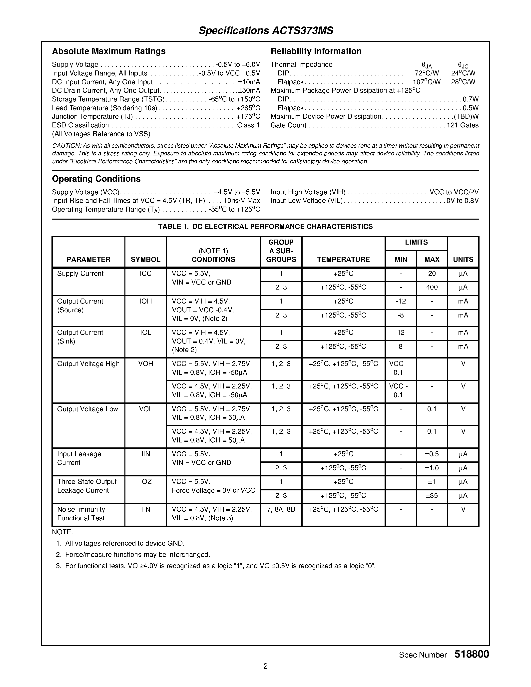Даташит ACTS373HMSR - Radiation Hardened Octal Transparent Latch/ Three-State страница 2