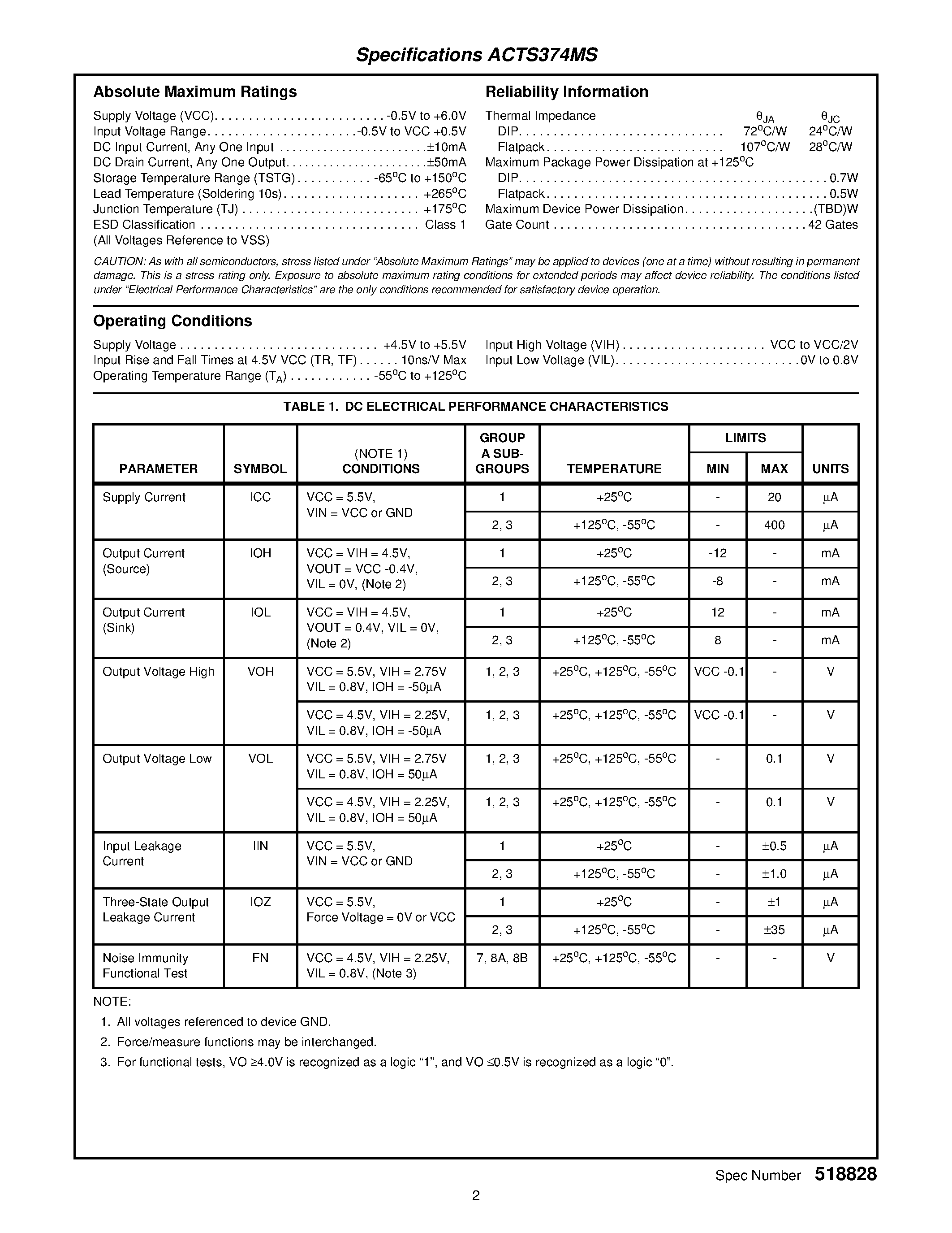 Даташит ACTS374D - Radiation Hardened Octal D Flip-Flop/ Three-State страница 2