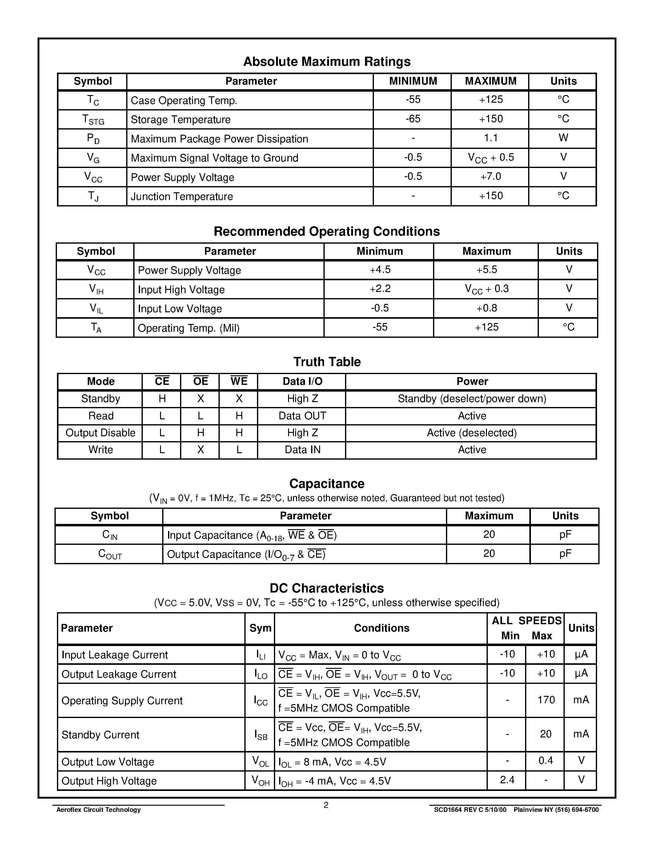 Datasheet ACTS512K8 - ACT-S512K8 High Speed 4 Megabit Monolithic SRAM page 2