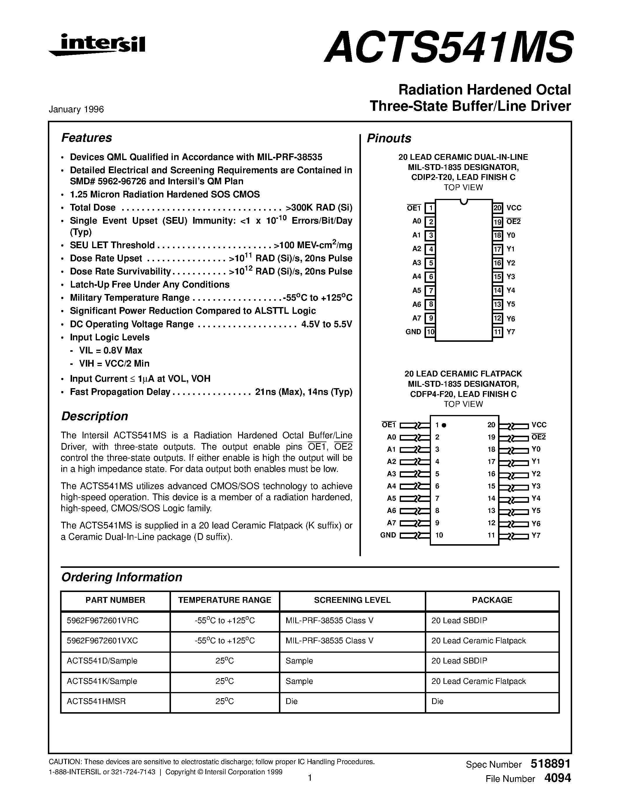 Даташит ACTS541HMSR - Radiation Hardened Octal Three-State Buffer/Line Driver страница 1