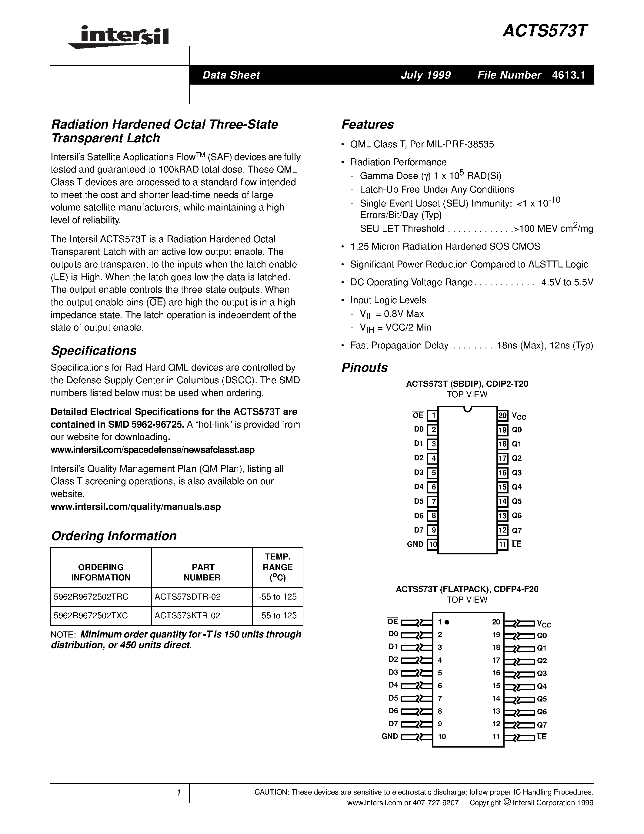 Даташит ACTS573KTR-02 - Radiation Hardened Octal Three-State Transparent Latch страница 1