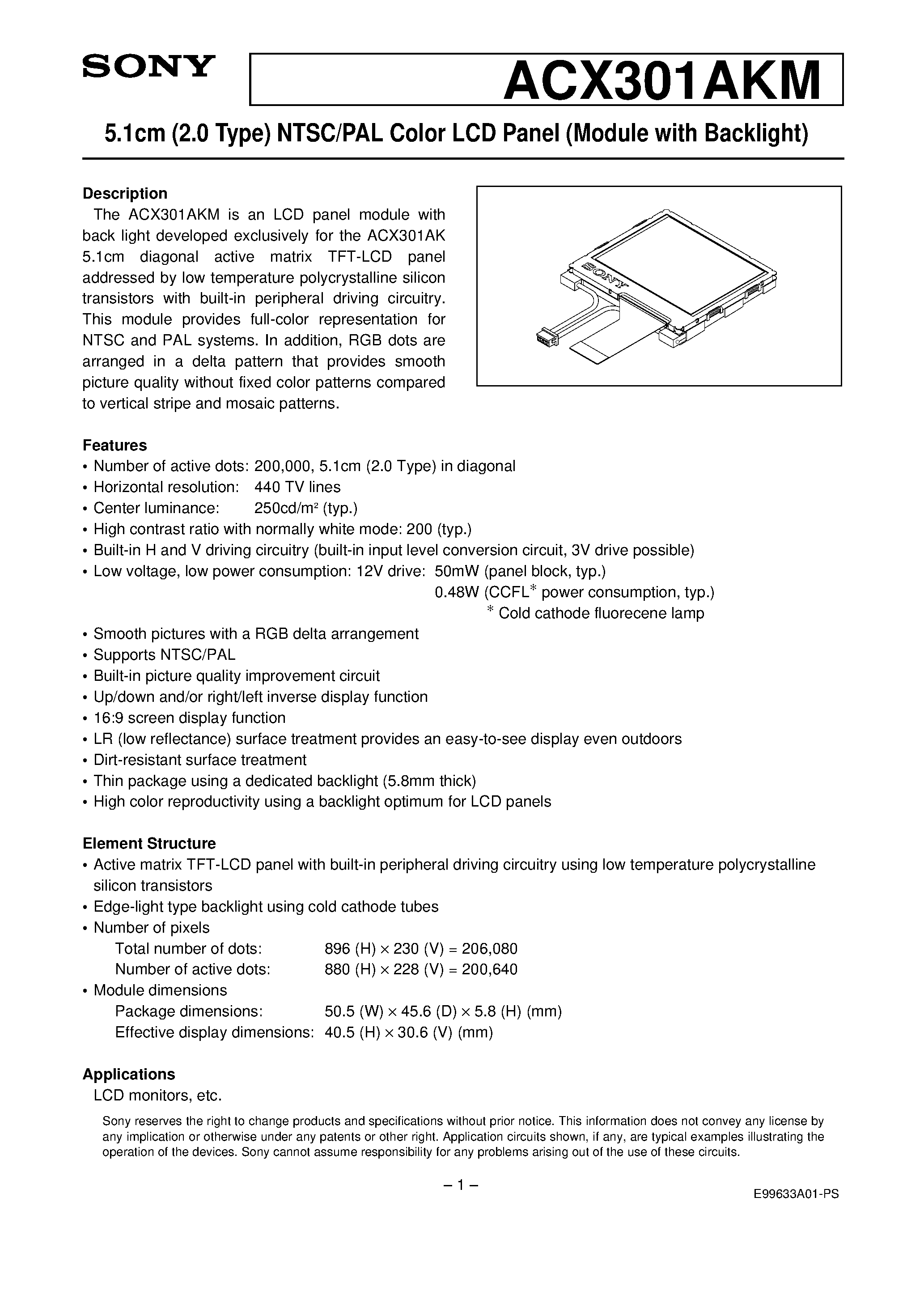 Datasheet ACX301AKM - 5.1cm (2.0 Type) NTSC/PAL Color LCD Panel (Module with Backlight) page 1