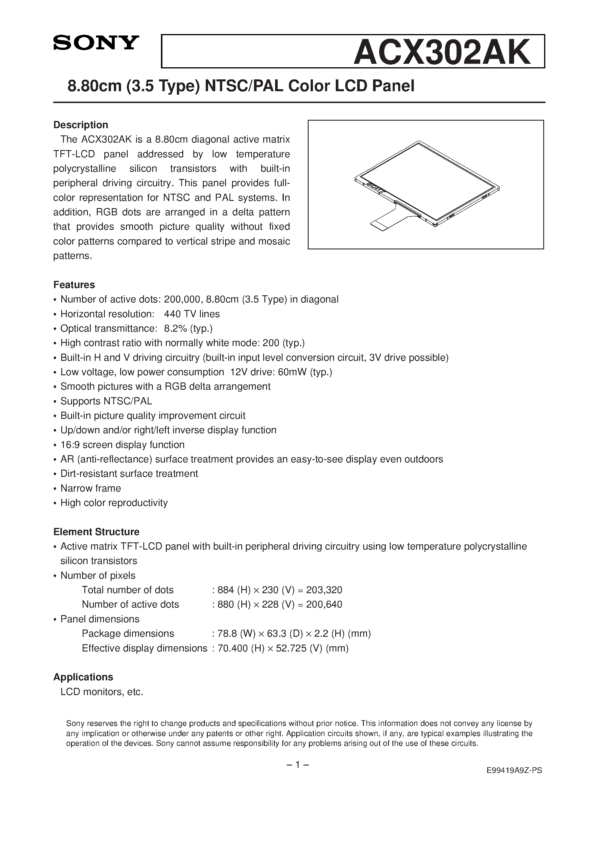 Datasheet ACX302 - 8.80cm (3.5 Type) NTSC/PAL Color LCD Panel page 1