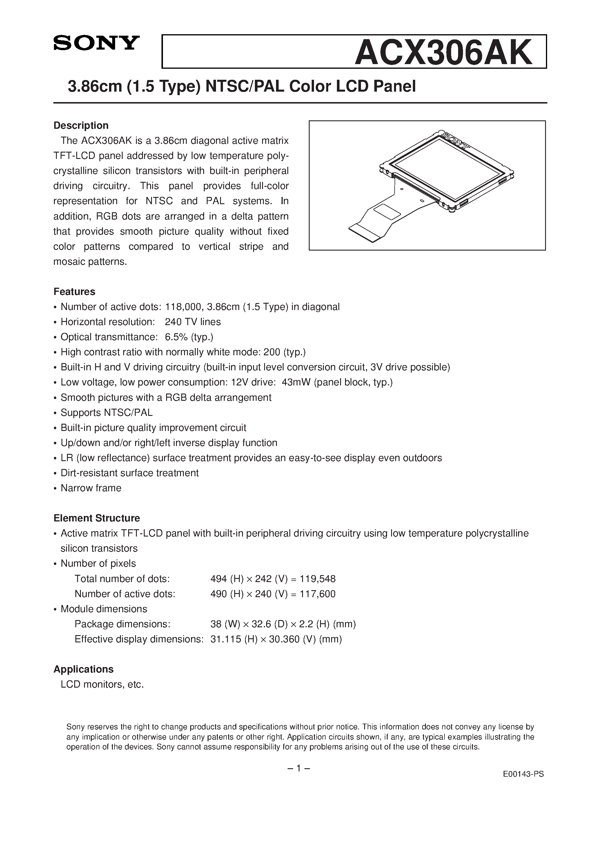 Datasheet ACX306 - 3.86cm (1.5 Type) NTSC/PAL Color LCD Panel page 1