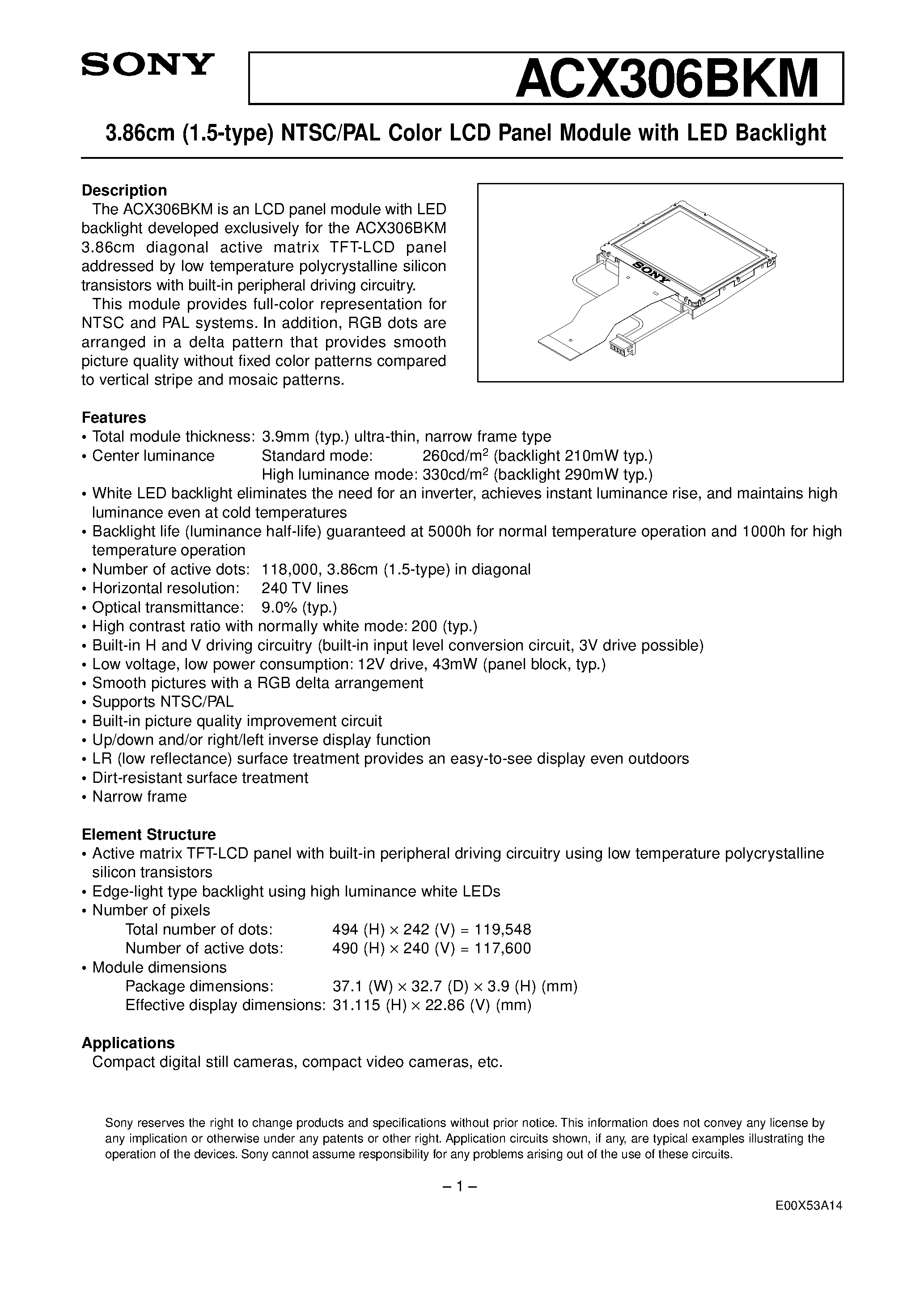 Datasheet ACX306BKM - 3.86cm (1.5-type) NTSC/PAL Color LCD Panel Module with LED Backlight page 1