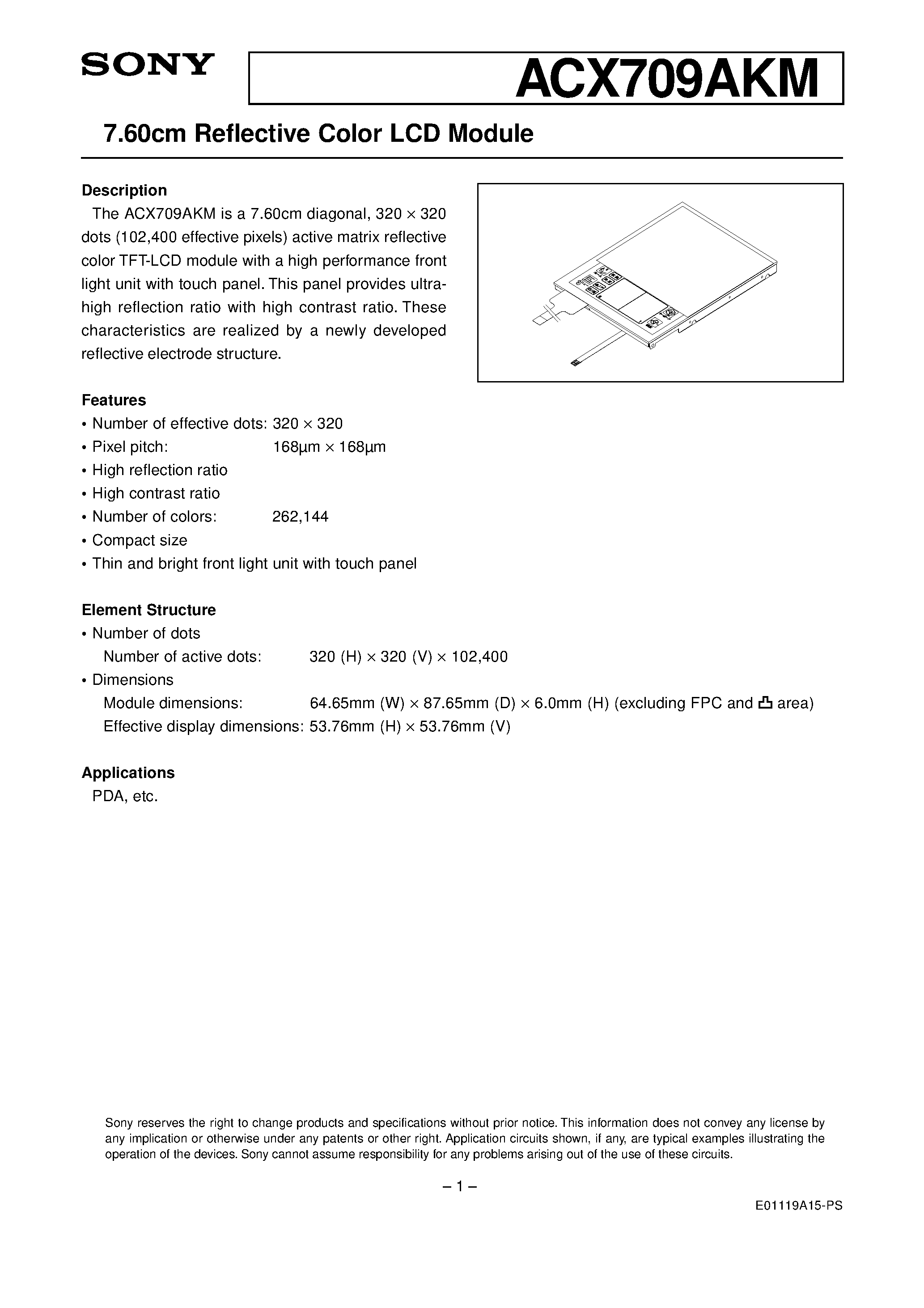 Datasheet ACX709AKM - 7.60cm Reflective Color LCD Module page 1
