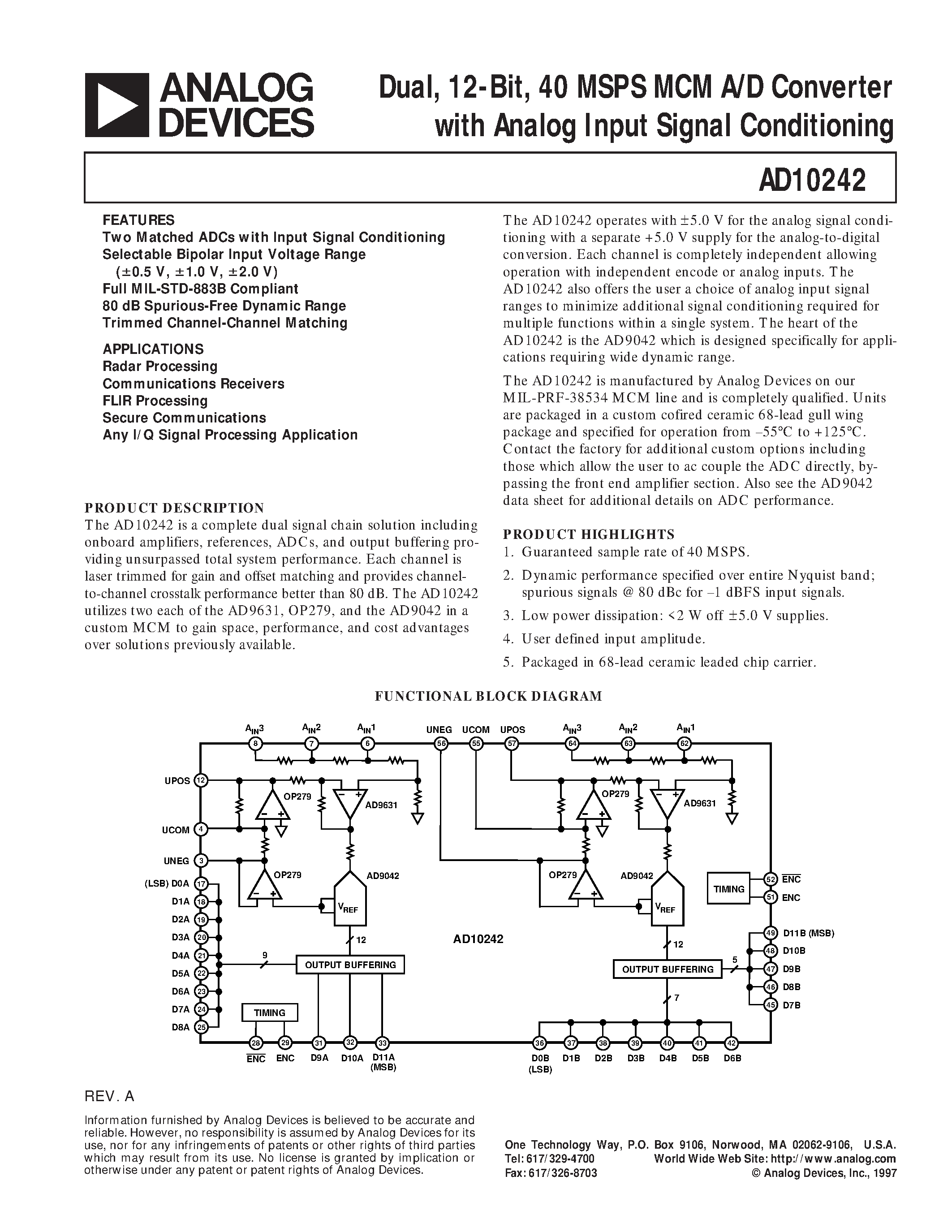Даташит AD10242TZ - Dual/ 12-Bit/ 40 MSPS MCM A/D Converter with Analog Input Signal Conditioning страница 1