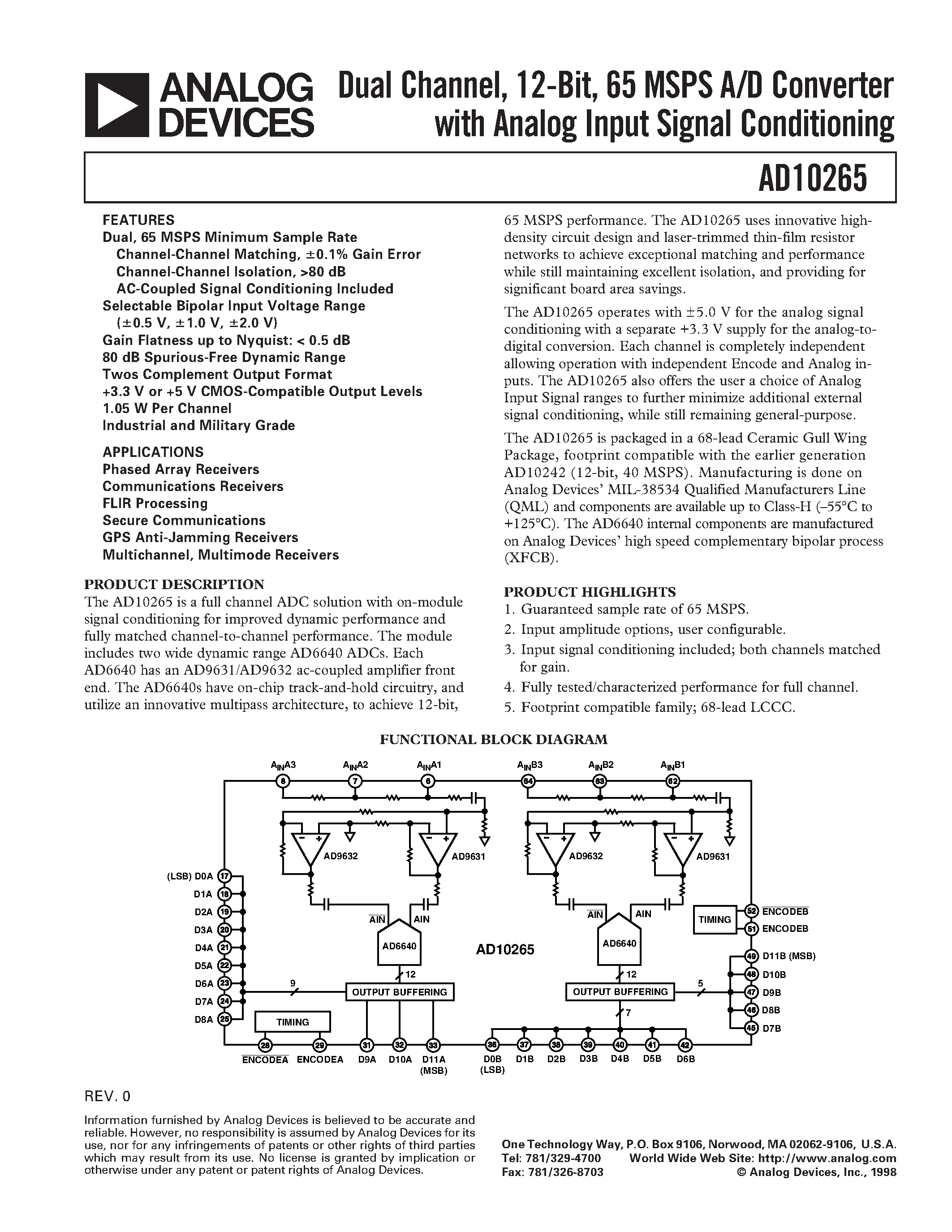 Даташит на микросхему AD10265 страница 1 Даташит AD10265 - Dual Channel/ 12-Bit/ 65 MSPS A/D Converter with Analog Input Signal Conditioning страница 1