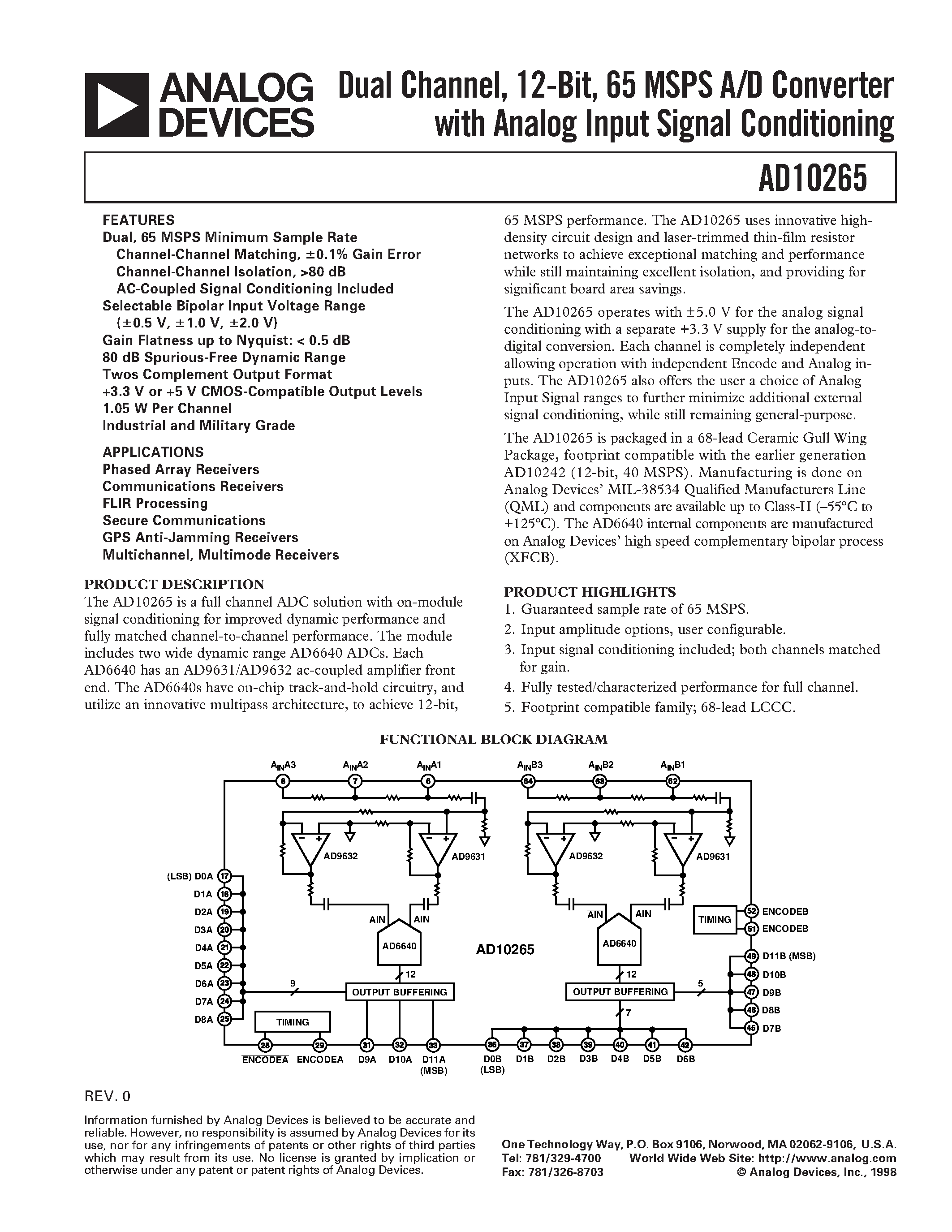 Datasheet AD10265 - Dual Channel/ 12-Bit/ 65 MSPS A/D Converter with Analog Input Signal Conditioning page 1