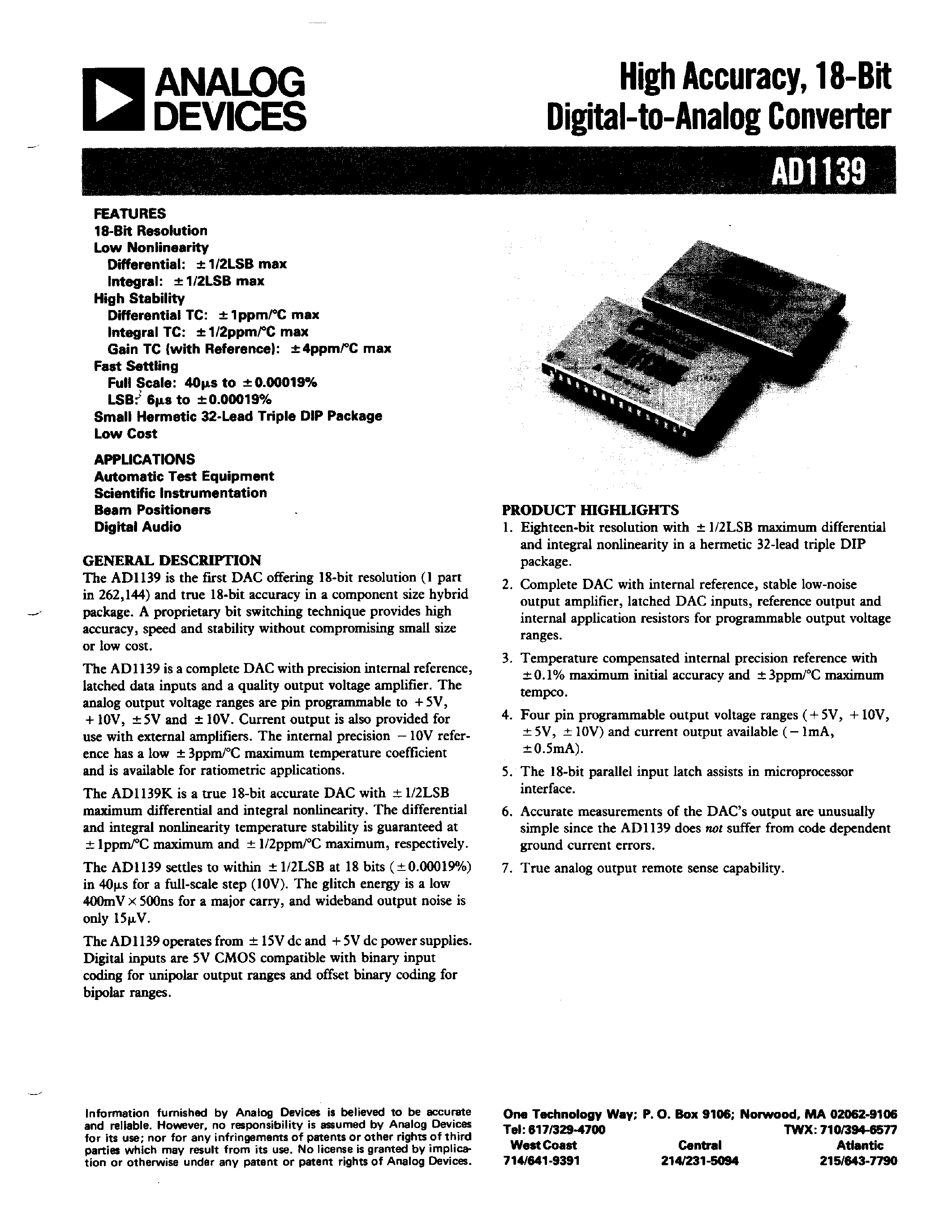 Datasheet AD1139K - High Accuracy 18-Bit Digital-to-Analog Converter page 1