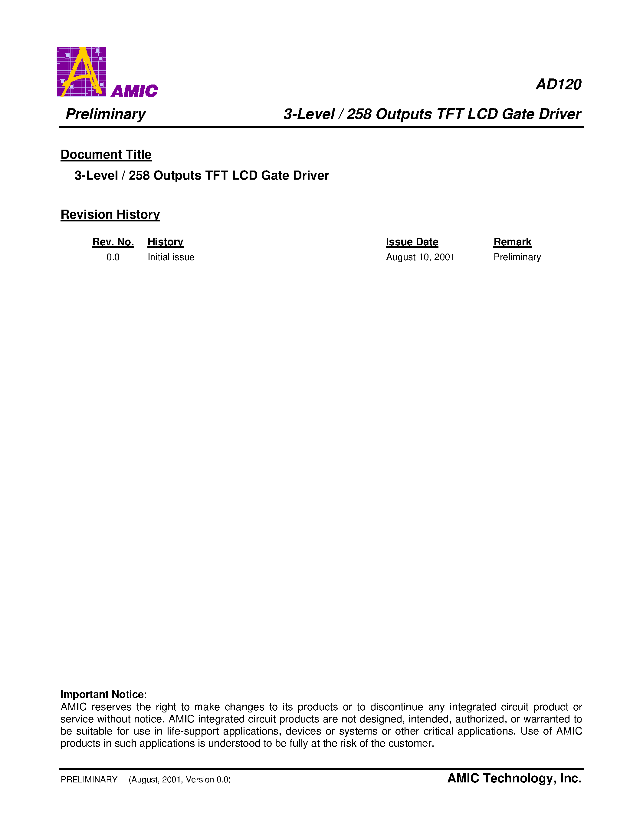 Datasheet AD120 - 3-Level / 258 Outputs TFT LCD Gate Driver page 1
