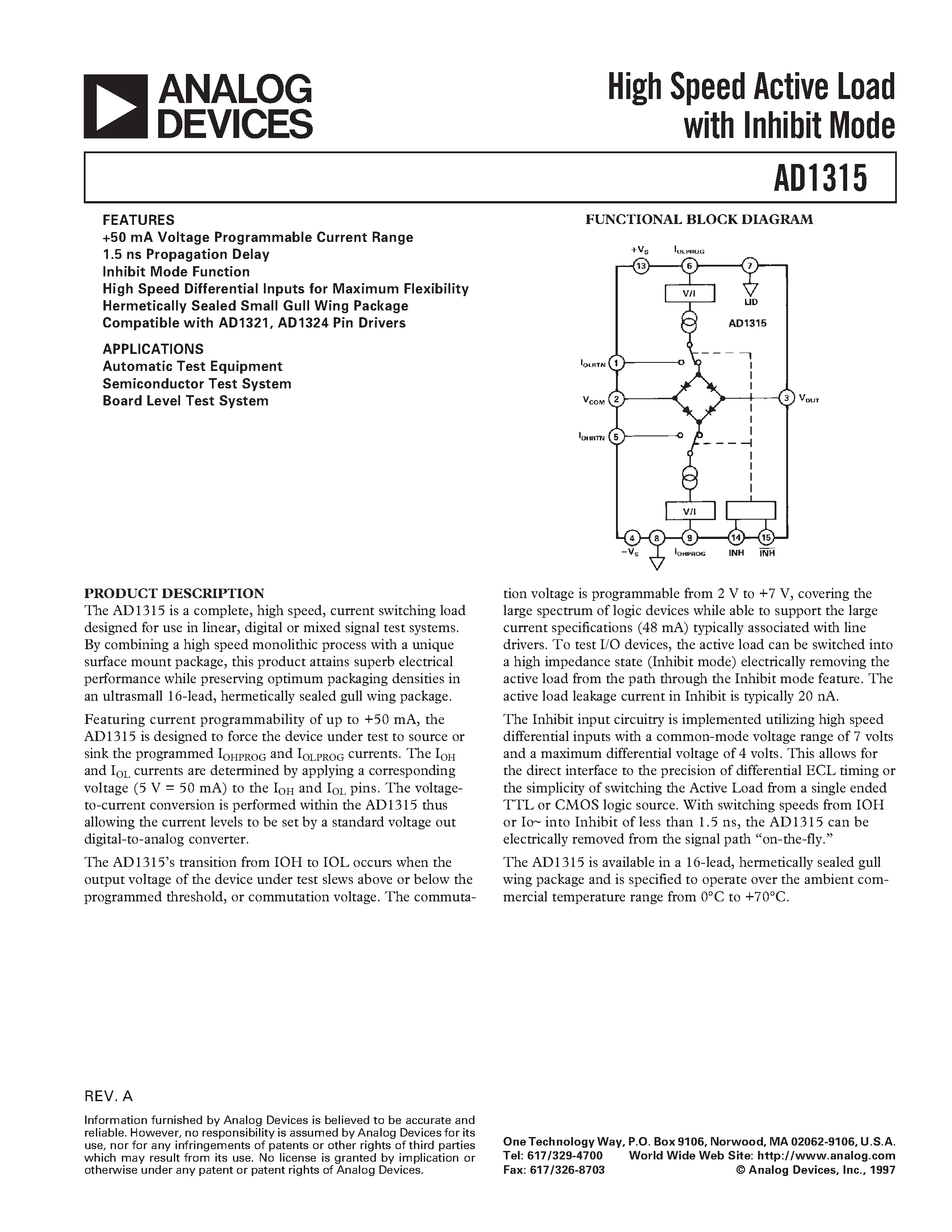 Datasheet AD1315KZ - High Speed Active Load with Inhibit Mode page 1