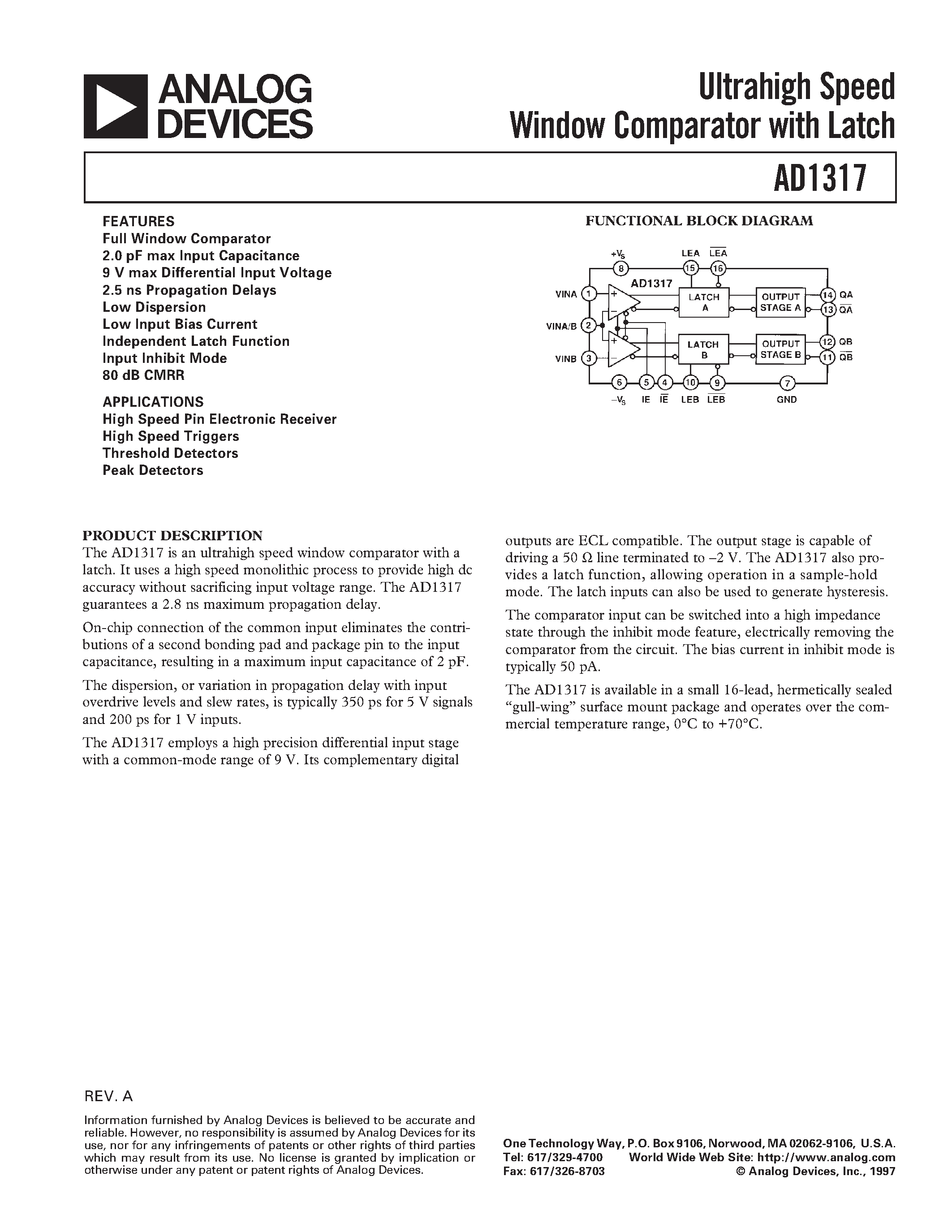 Даташит AD1317 - Ultrahigh Speed Window Comparator with Latch страница 1