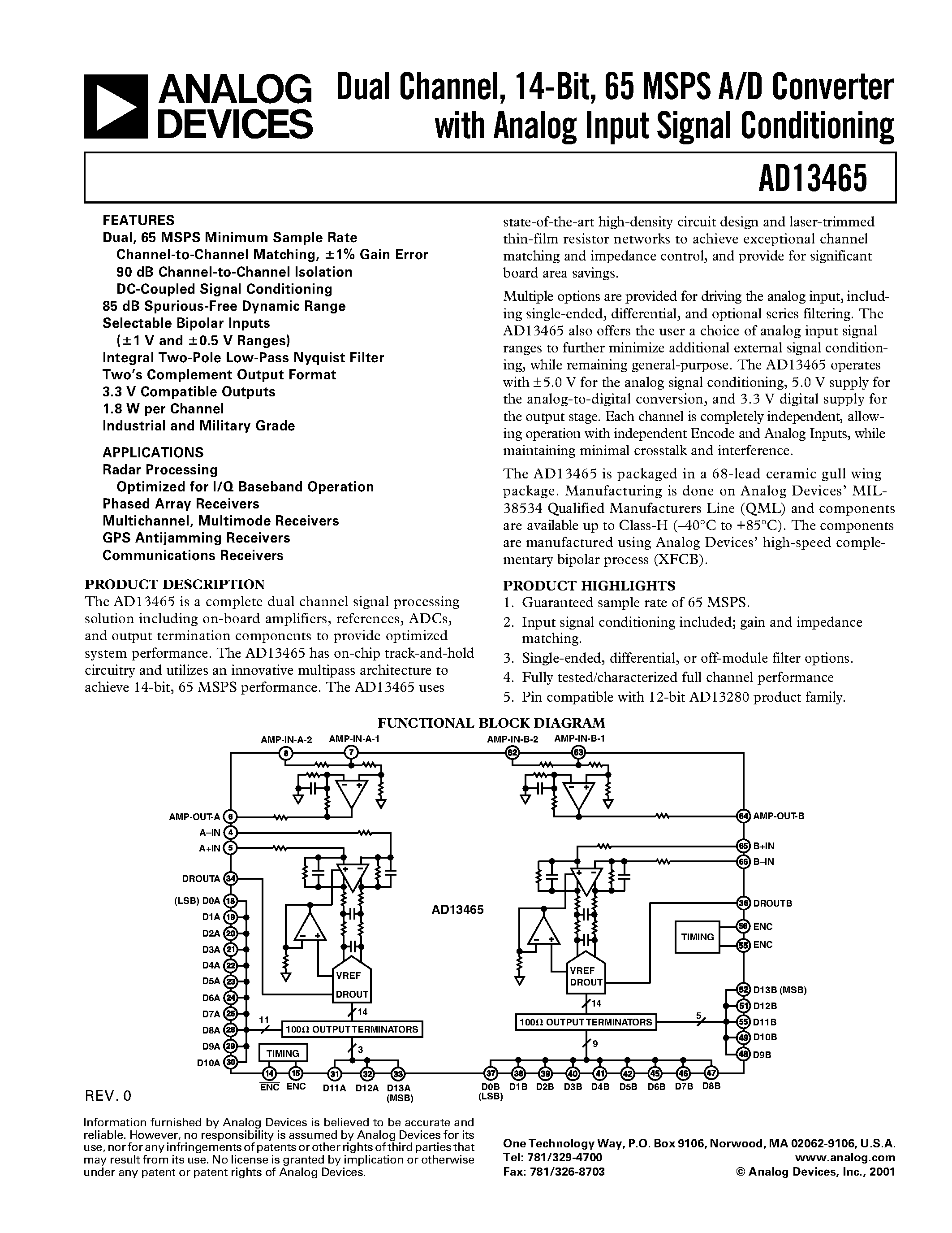 Datasheet AD13465AF - Dual Channel/ 14-Bit/ 65 MSPS A/D Converter with Analog Input Signal Conditioning page 1