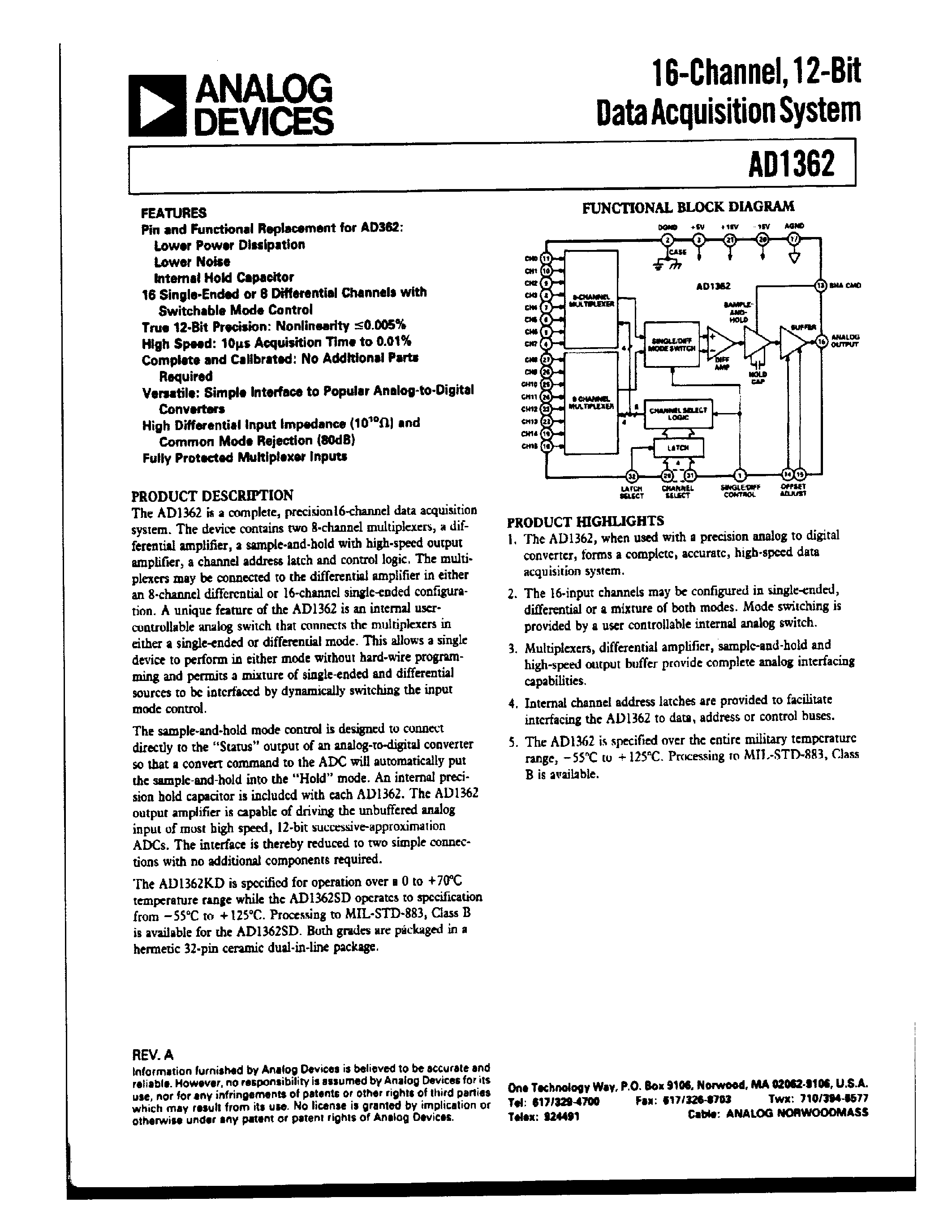 Datasheet AD1362 - 16-Channel/12-Bit Data Acquisition System page 1