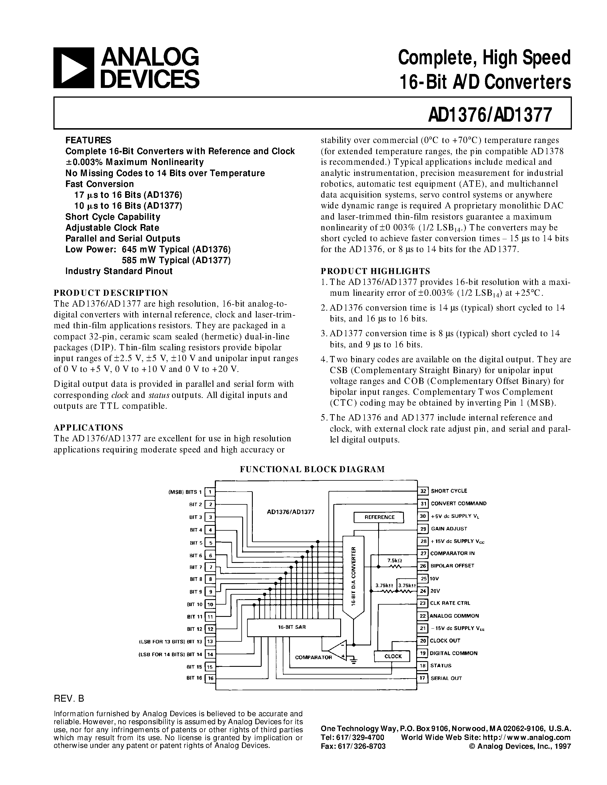 Datasheet AD1377 - Complete/ High Speed 16-Bit A/D Converters page 1