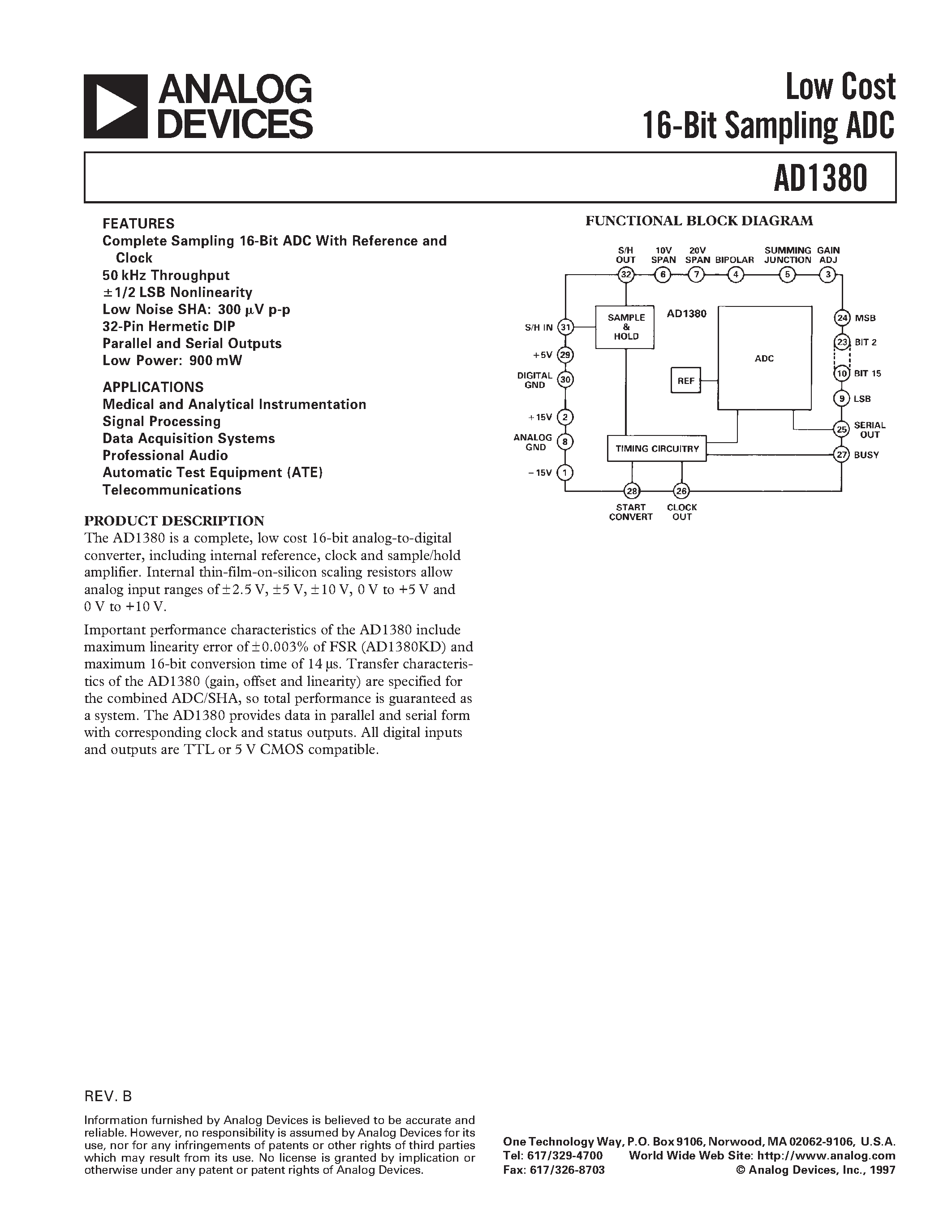 Datasheet AD1380JD - Low Cost 16-Bit Sampling ADC page 1