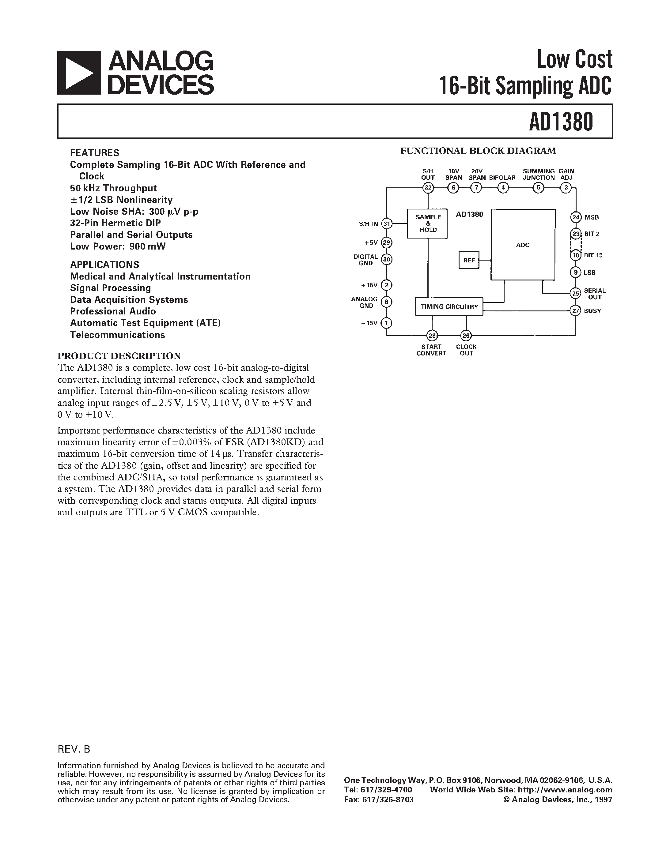 Даташит на микросхему AD1380KD страница 1 Даташит AD1380KD - Low Cost 16-Bit Sampling ADC страница 1