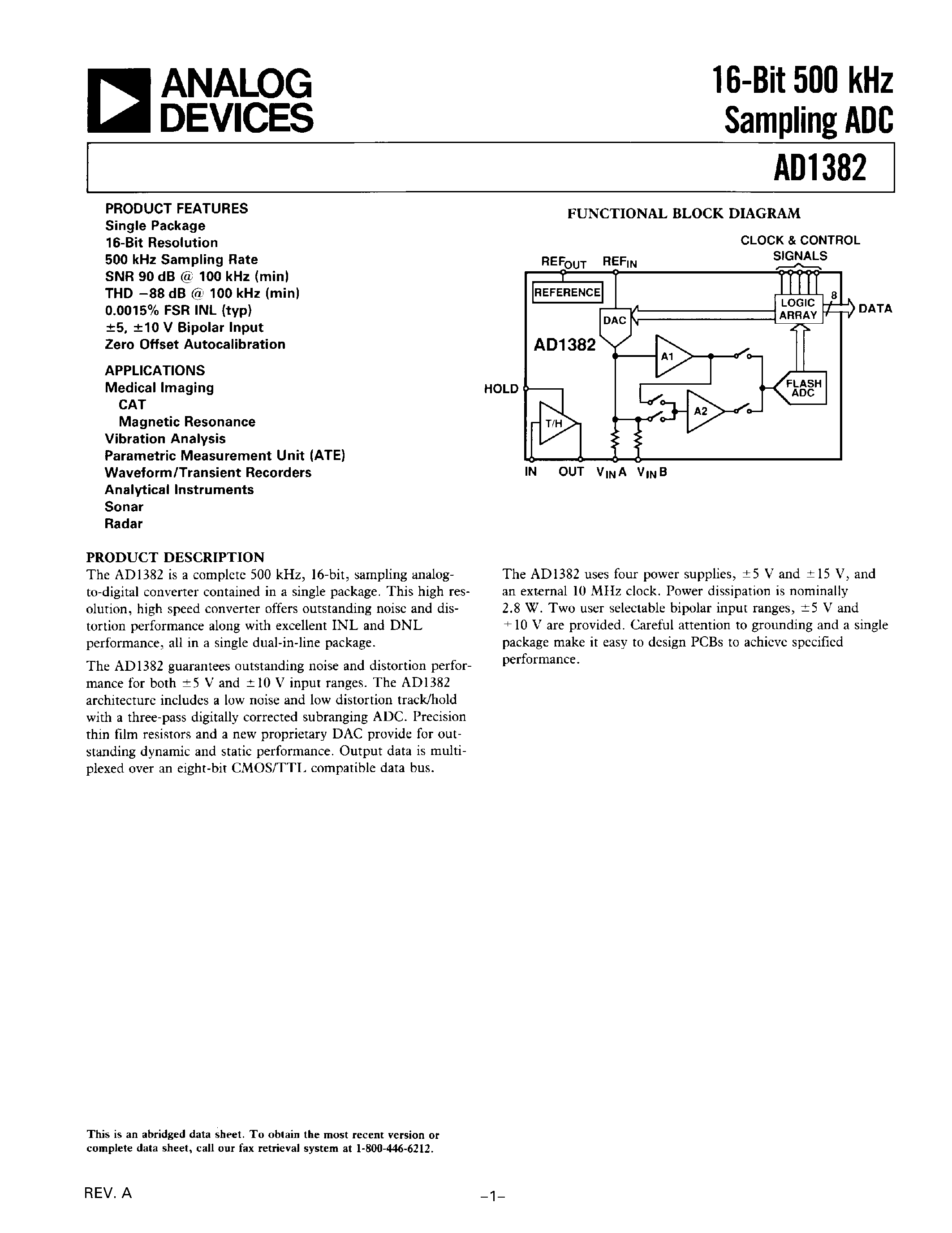 Datasheet AD1382 - 16-Bit 500 kHz Sampling ADC page 1