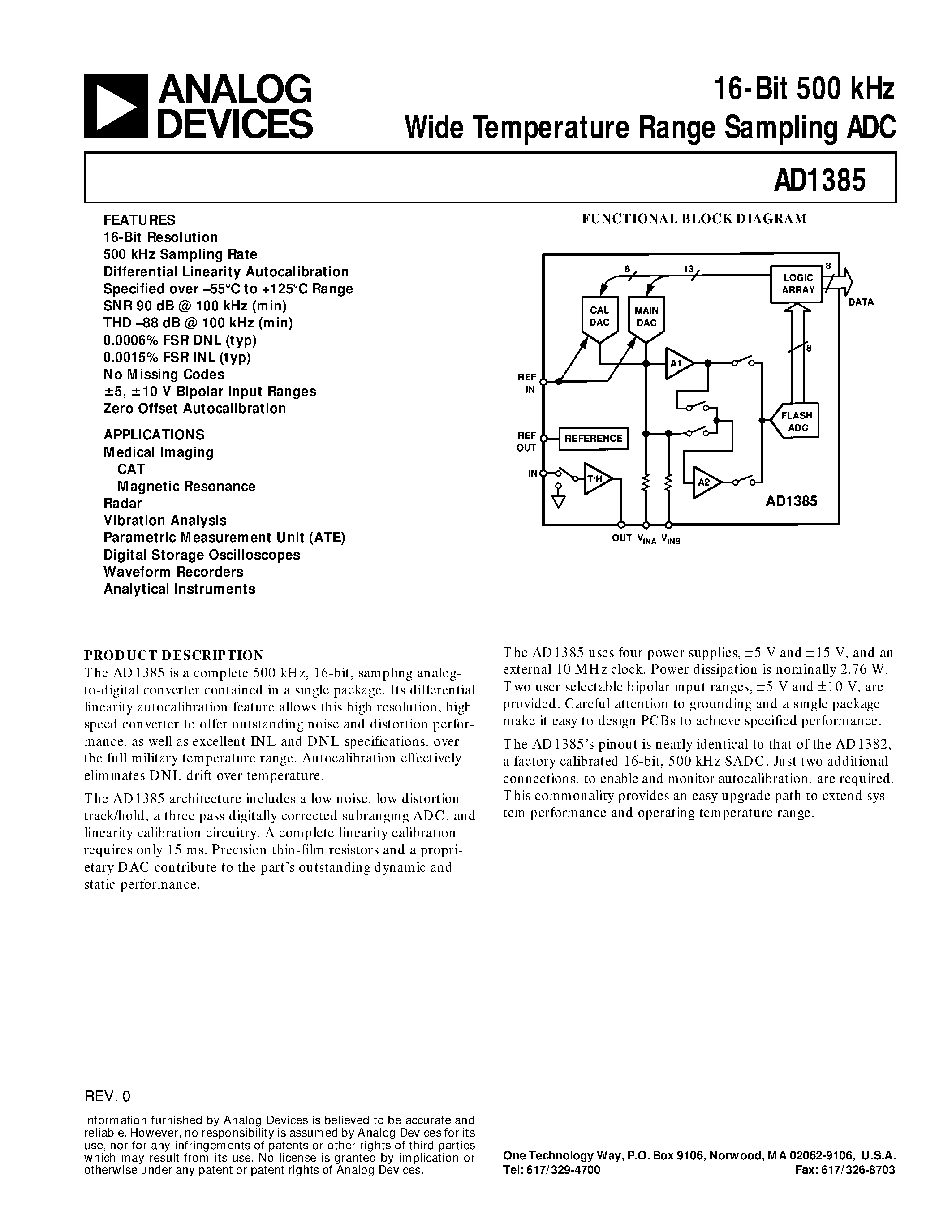 Datasheet AD1385 - 16-Bit 500 kHz Wide Temperature Range Sampling ADC page 1