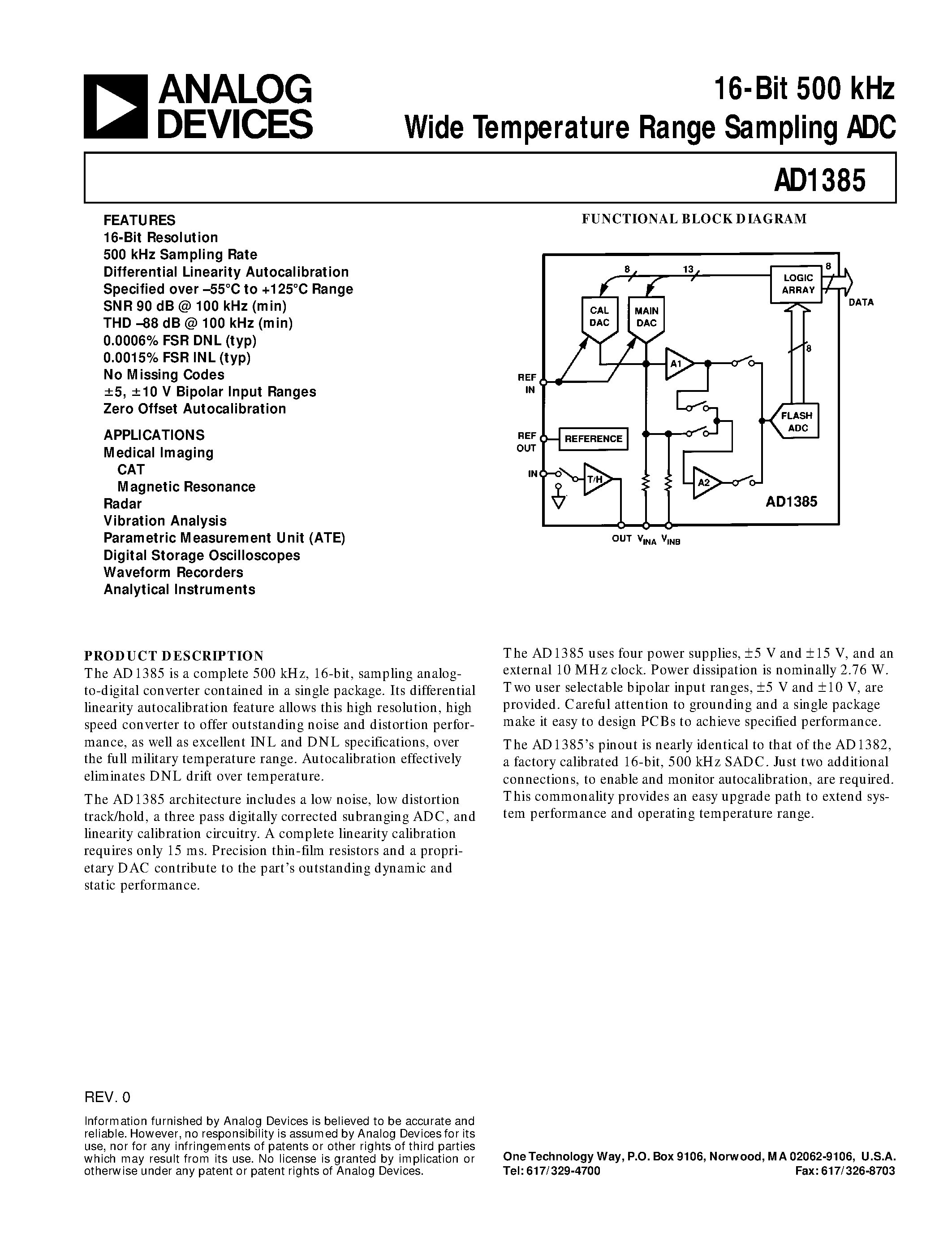 Даташит на микросхему AD1385TD страница 1 Даташит AD1385TD - 16-Bit 500 kHz Wide Temperature Range Sampling ADC страница 1