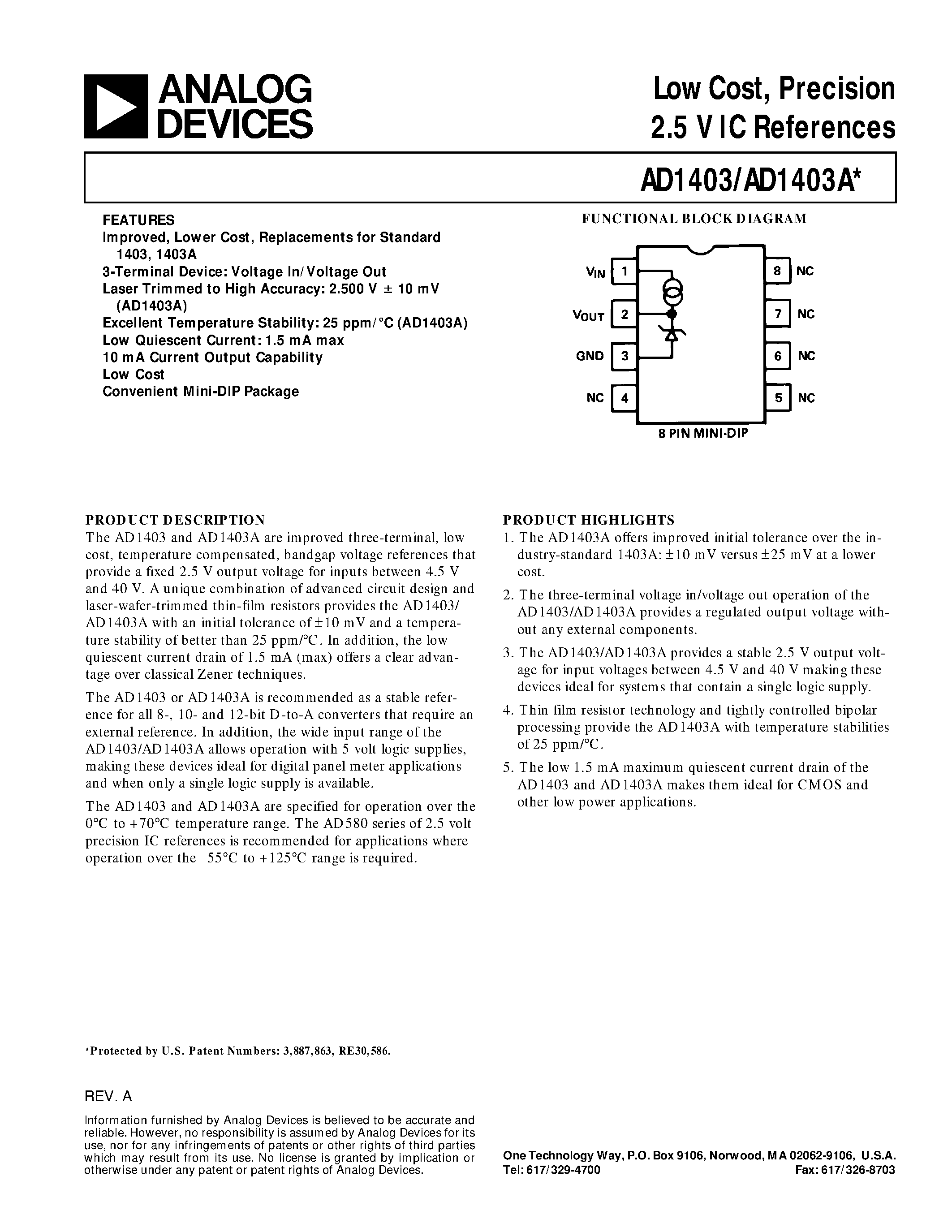 Даташит AD1403 - Low Cost/ Precision 2.5 V IC References страница 1