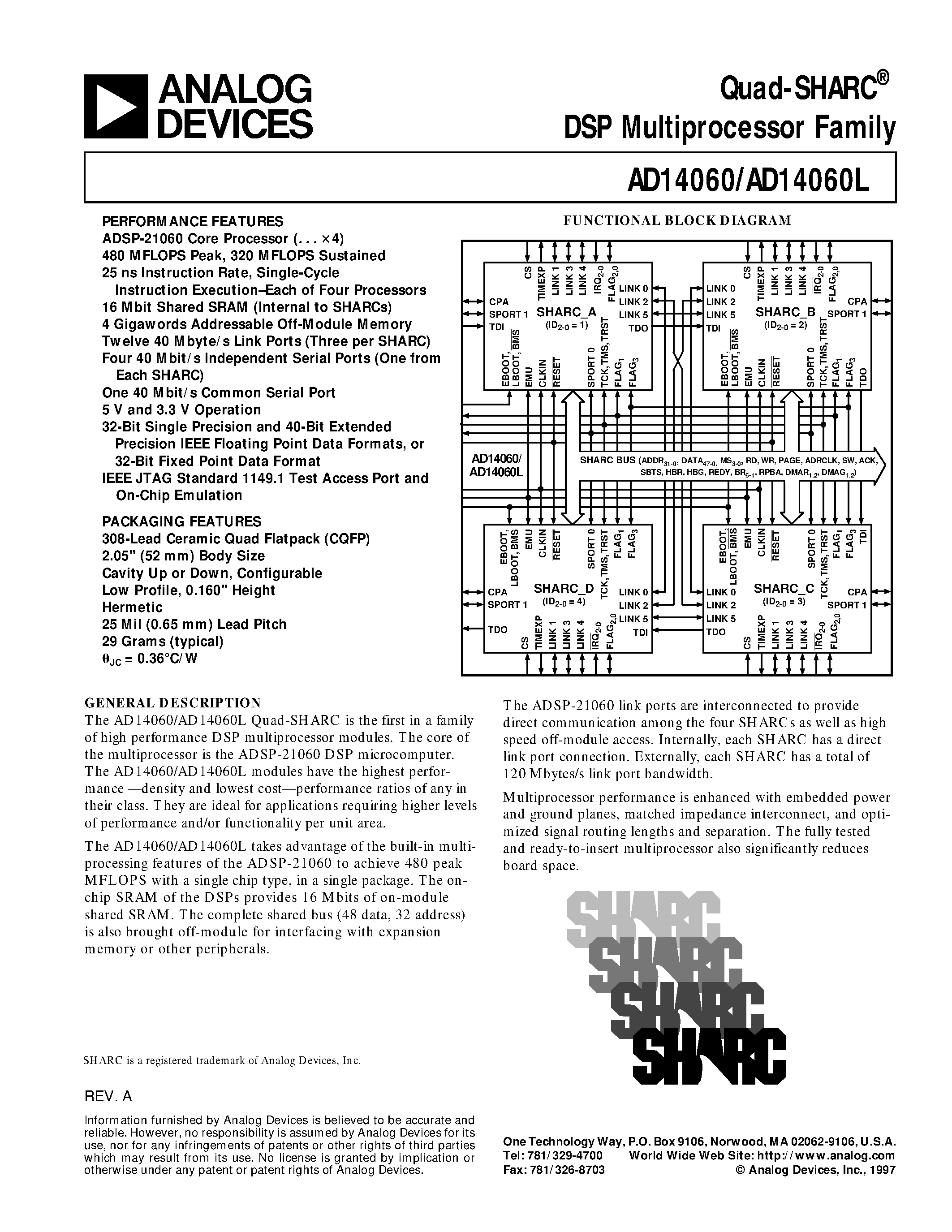 Datasheet AD14060L - Quad-SHARC DSP Multiprocessor Family page 1