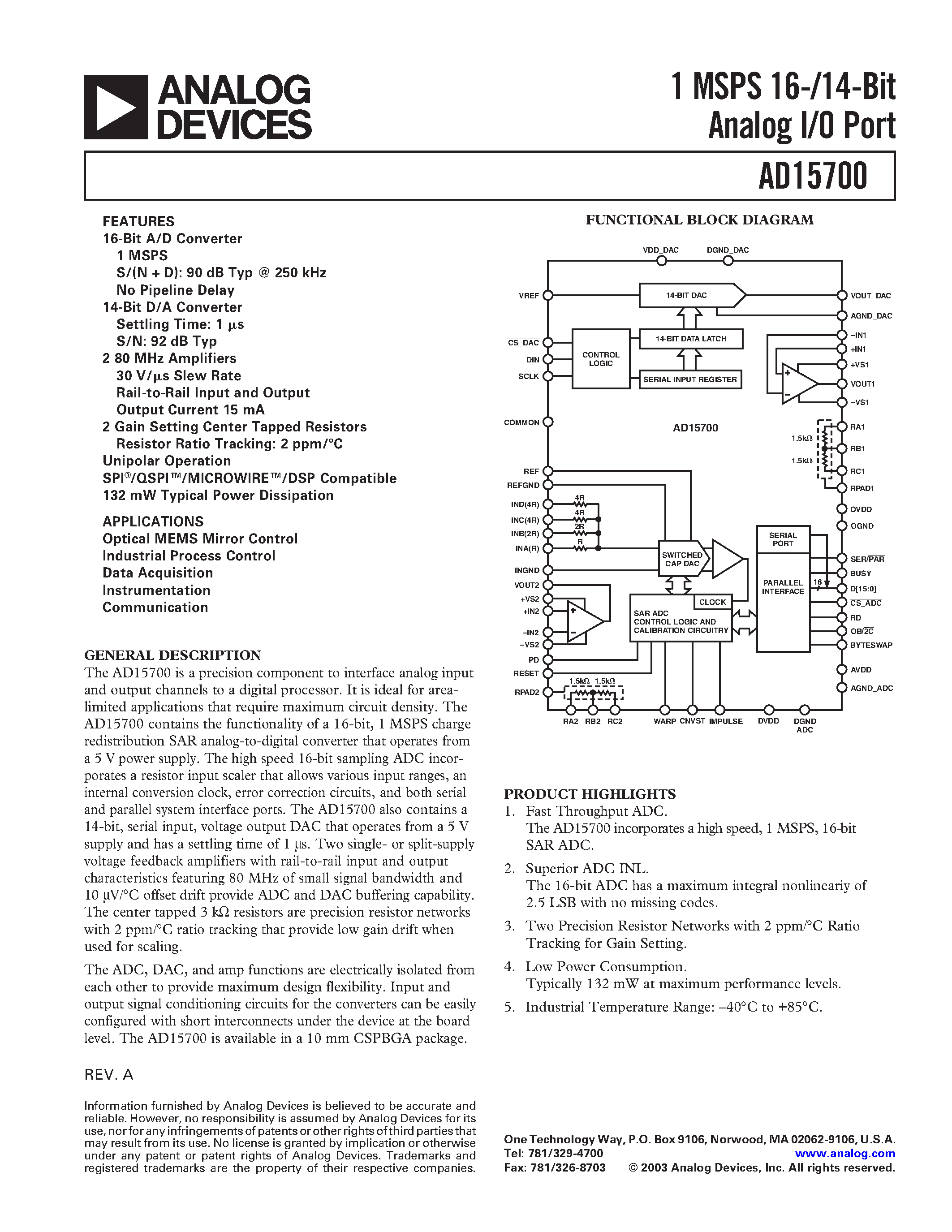 Даташит AD15700 - 1 MSPS 16-/14-Bit Analog I/O Port страница 1