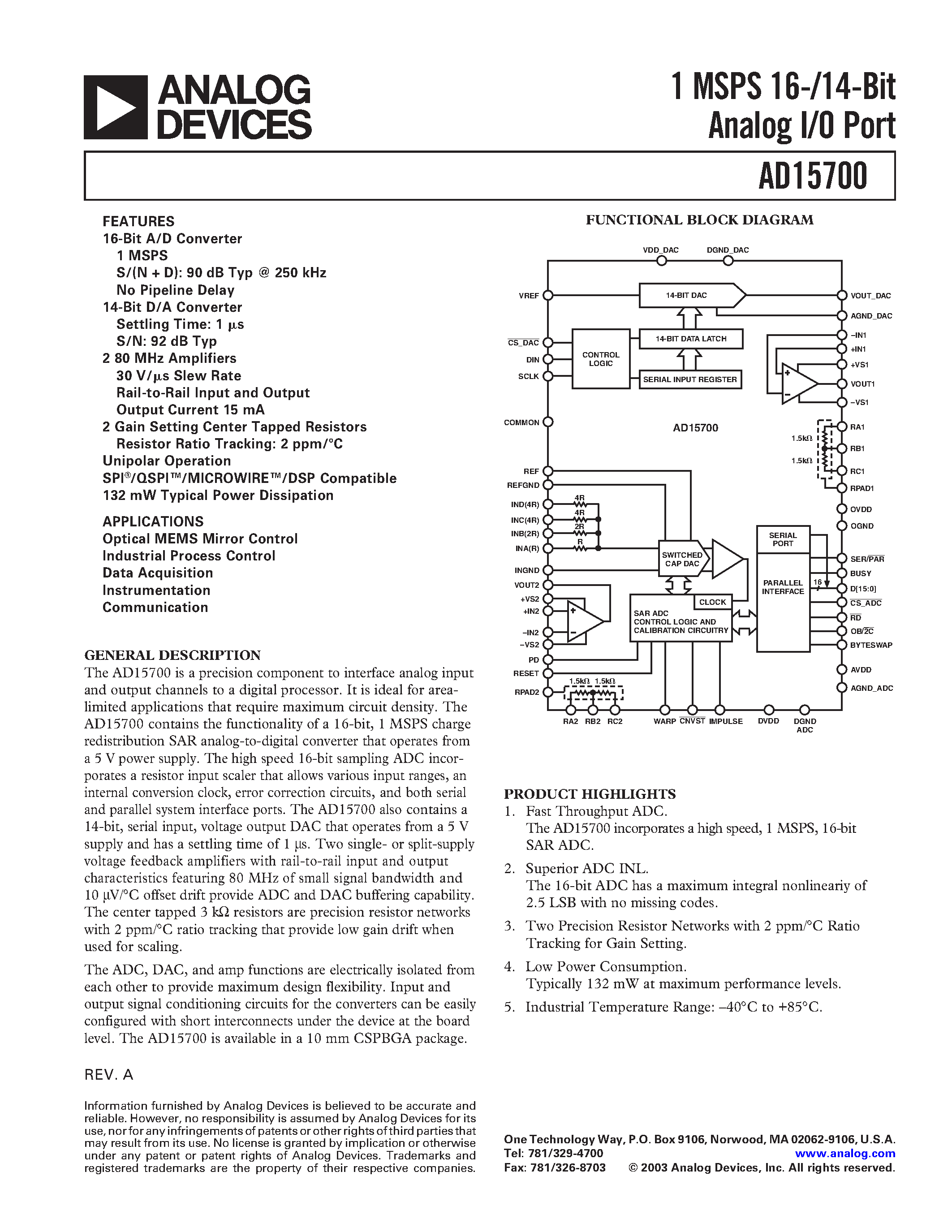 Datasheet AD15700BCA page 1 Datasheet AD15700BCA - 1 MSPS 16-/14-Bit Analog I/O Port page 1