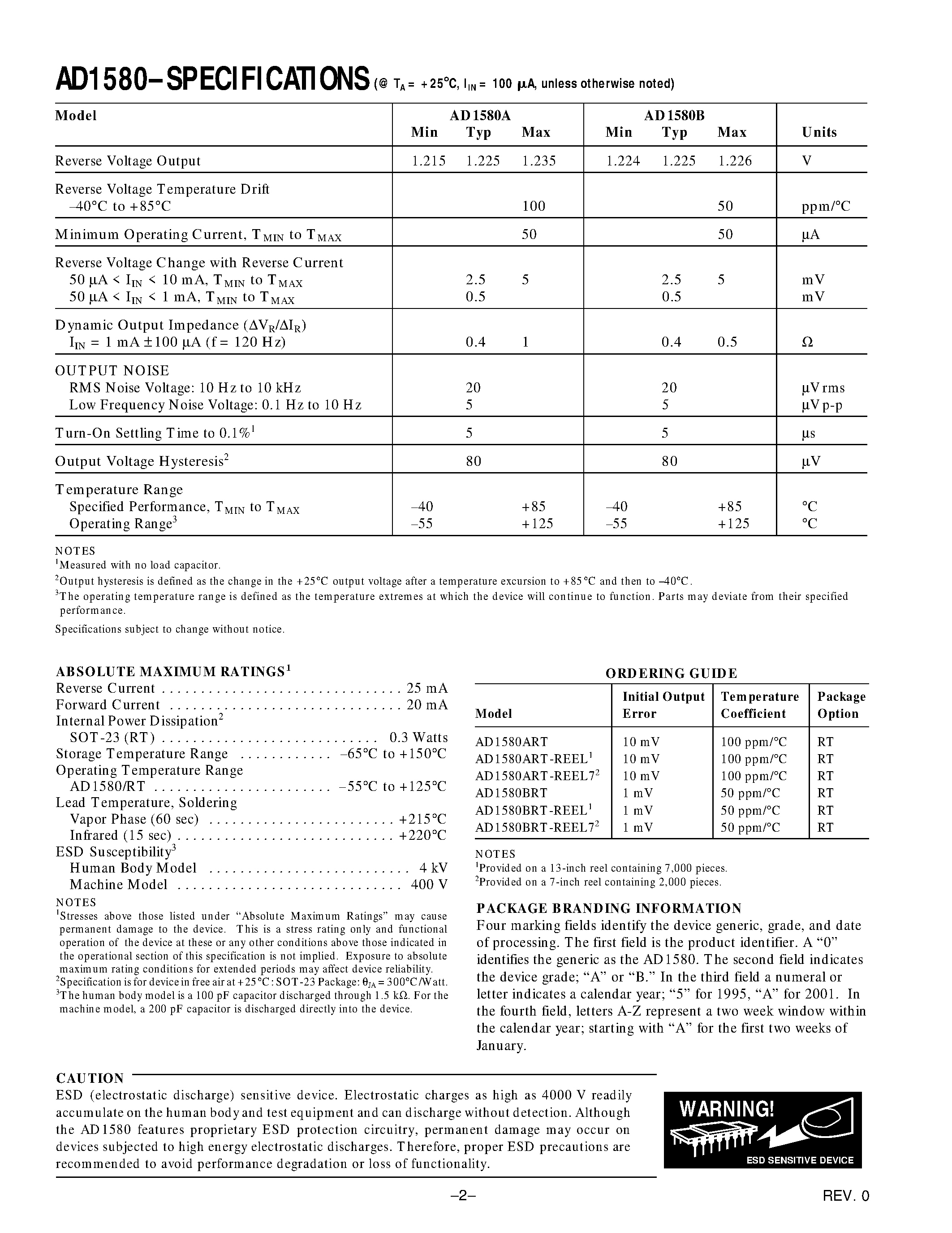 Datasheet AD1580ART-REEL1 - 1.2 V Micropower/ Precision Shunt Voltage Reference page 2