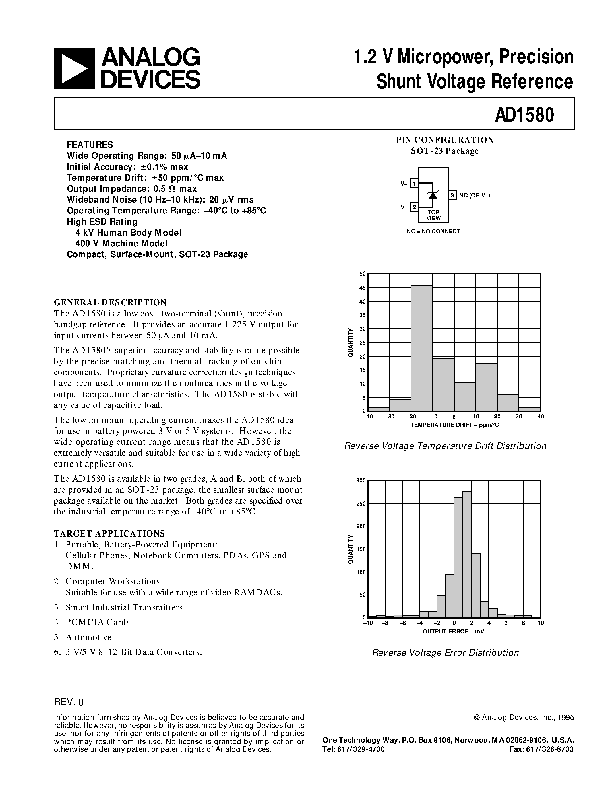 Datasheet AD1580BRT-REEL7 page 1 Datasheet AD1580BRT-REEL7 - 1.2 V Micropower/ Precision Shunt Voltage Reference page 1