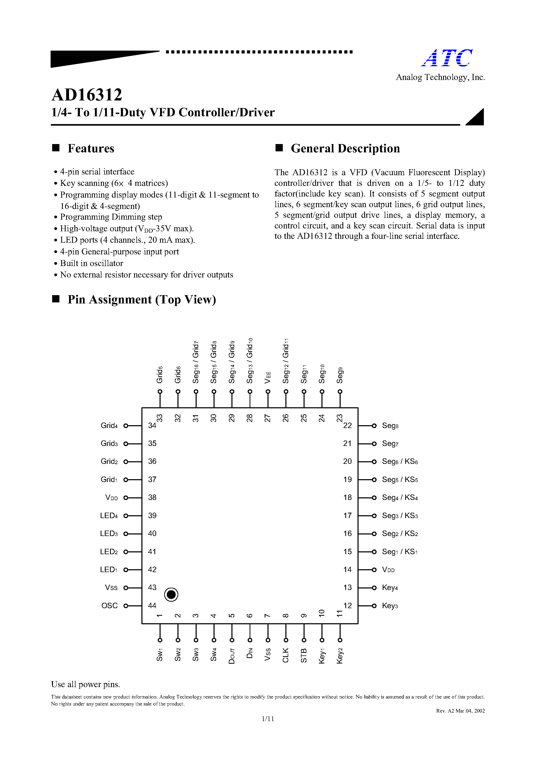 Datasheet AD16312 - 1/4- TO 1/11-DUTY VFD CONTROLLER/DRIVER page 1